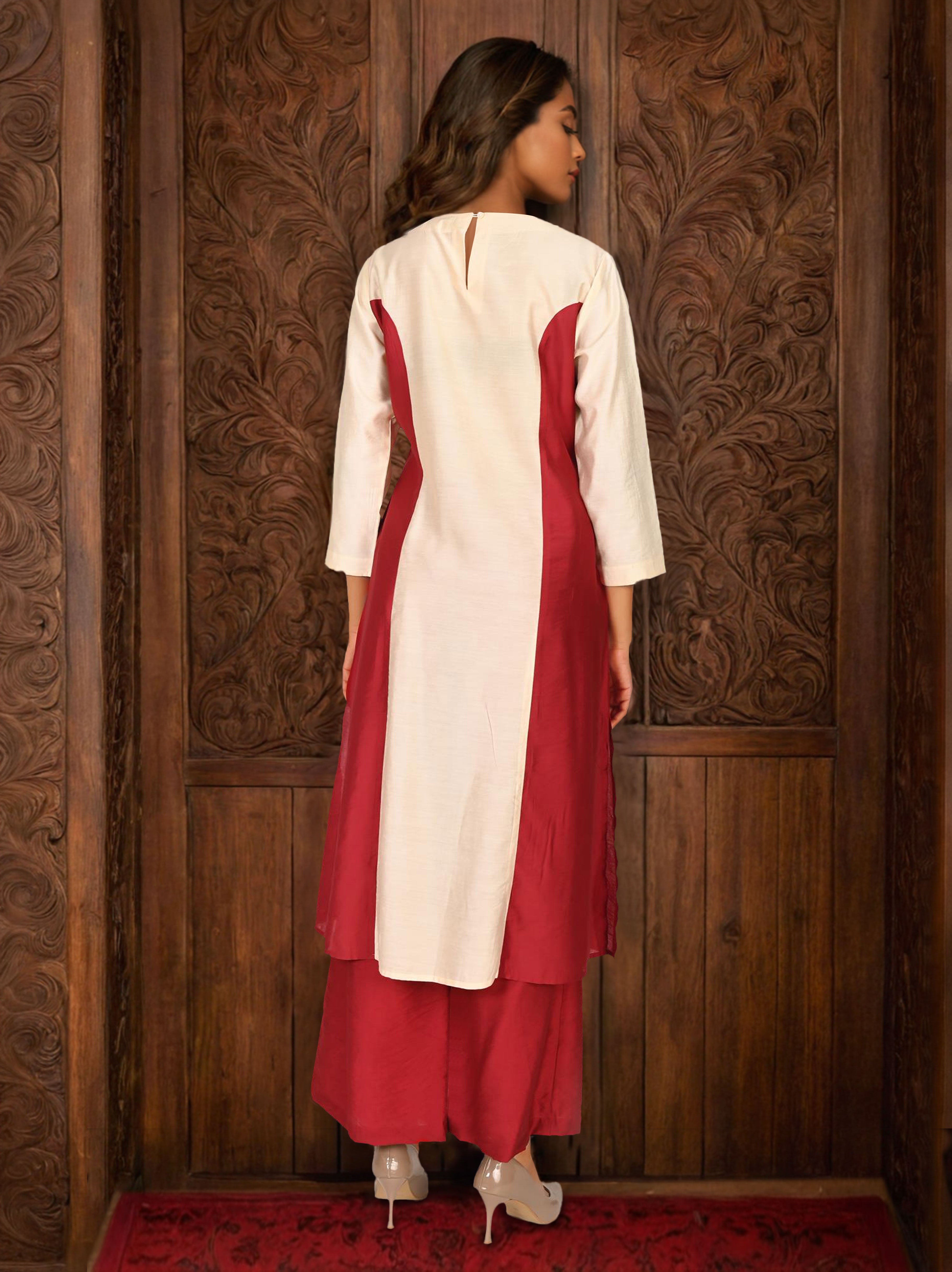 Beige and Red Satin Cord Set Showcasing Wavy Neckline Pattern