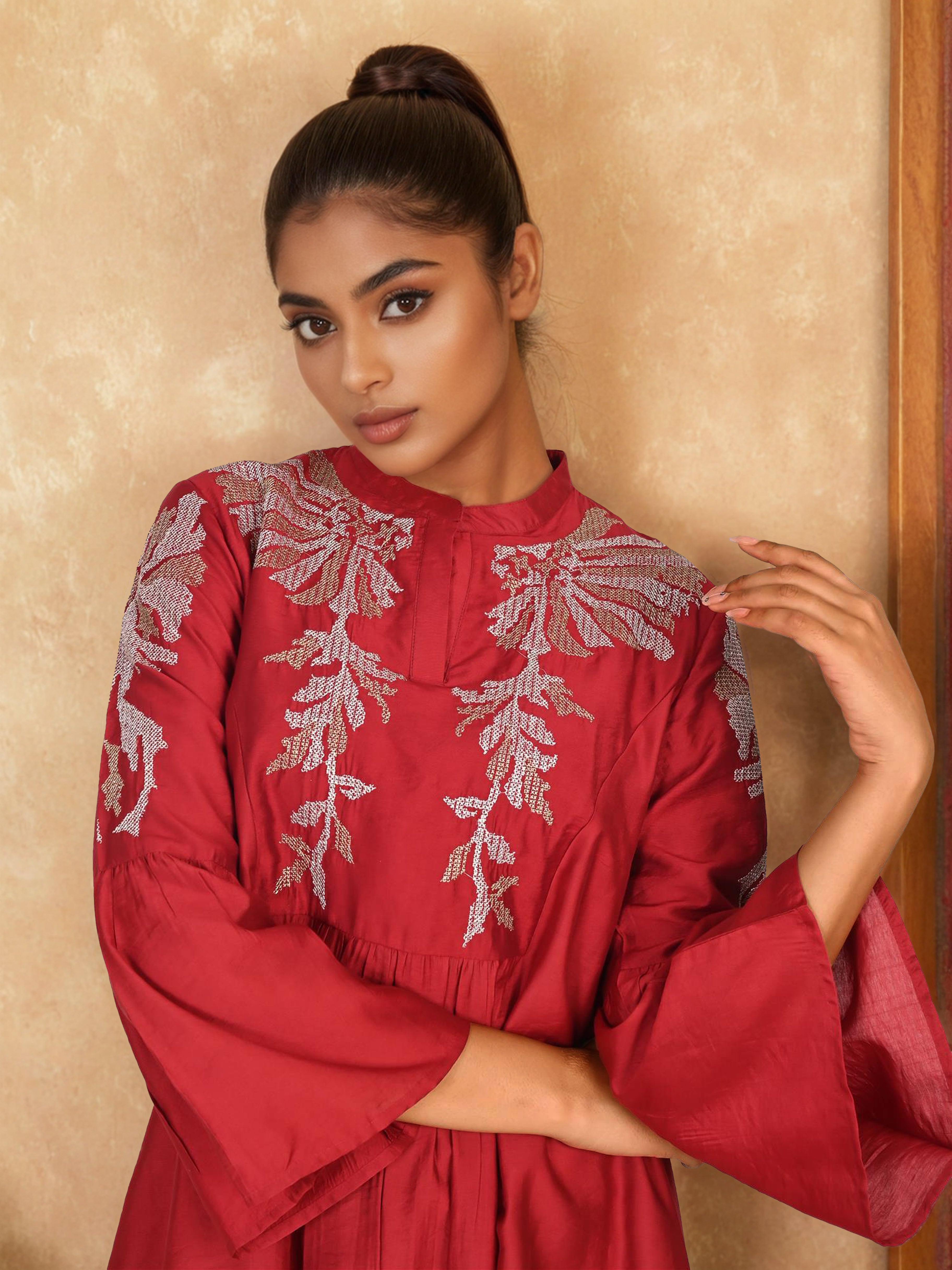 Maroon Elegance Satin Embroidered Long Dress