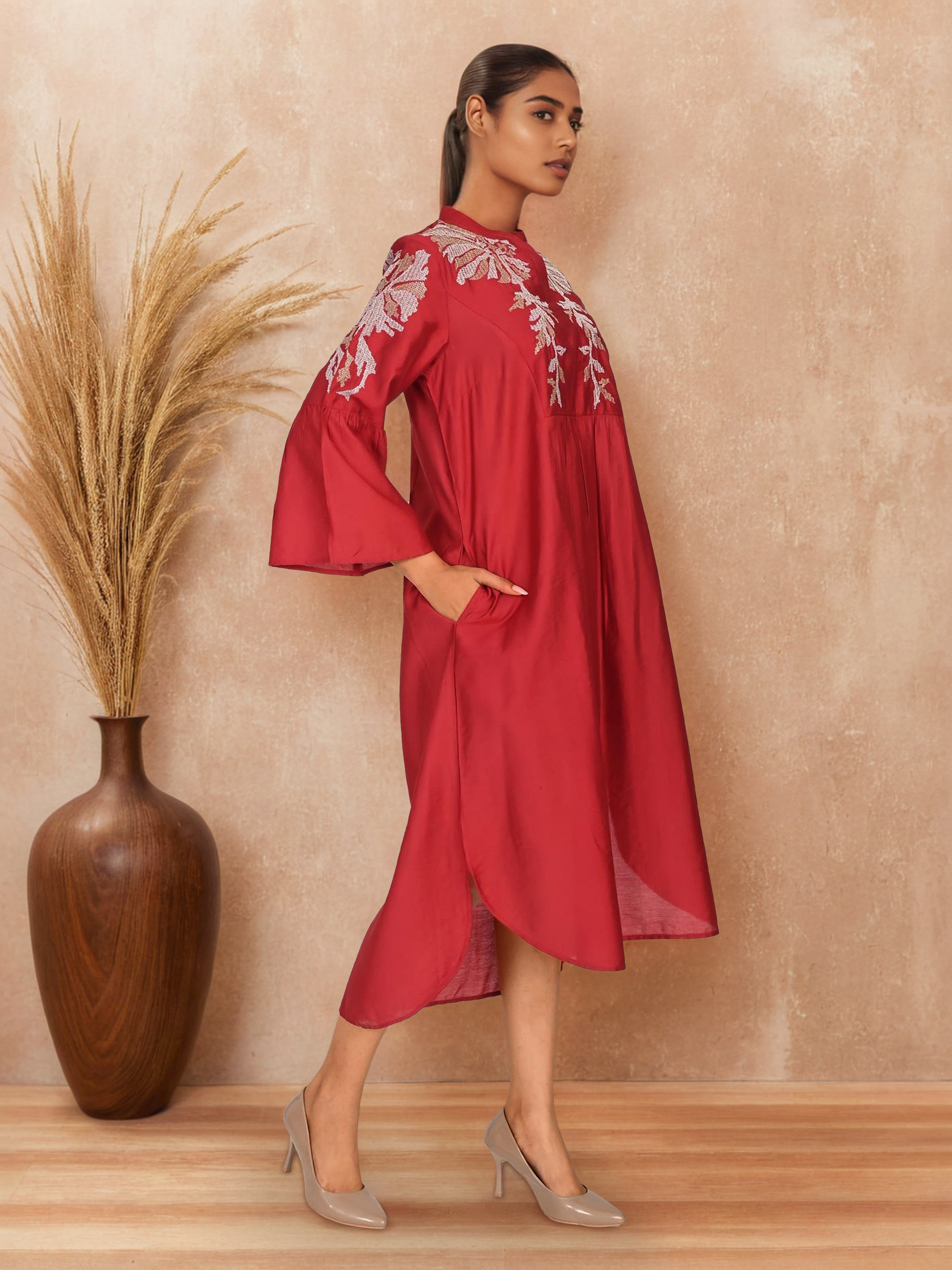 Maroon Elegance Satin Embroidered Long Dress