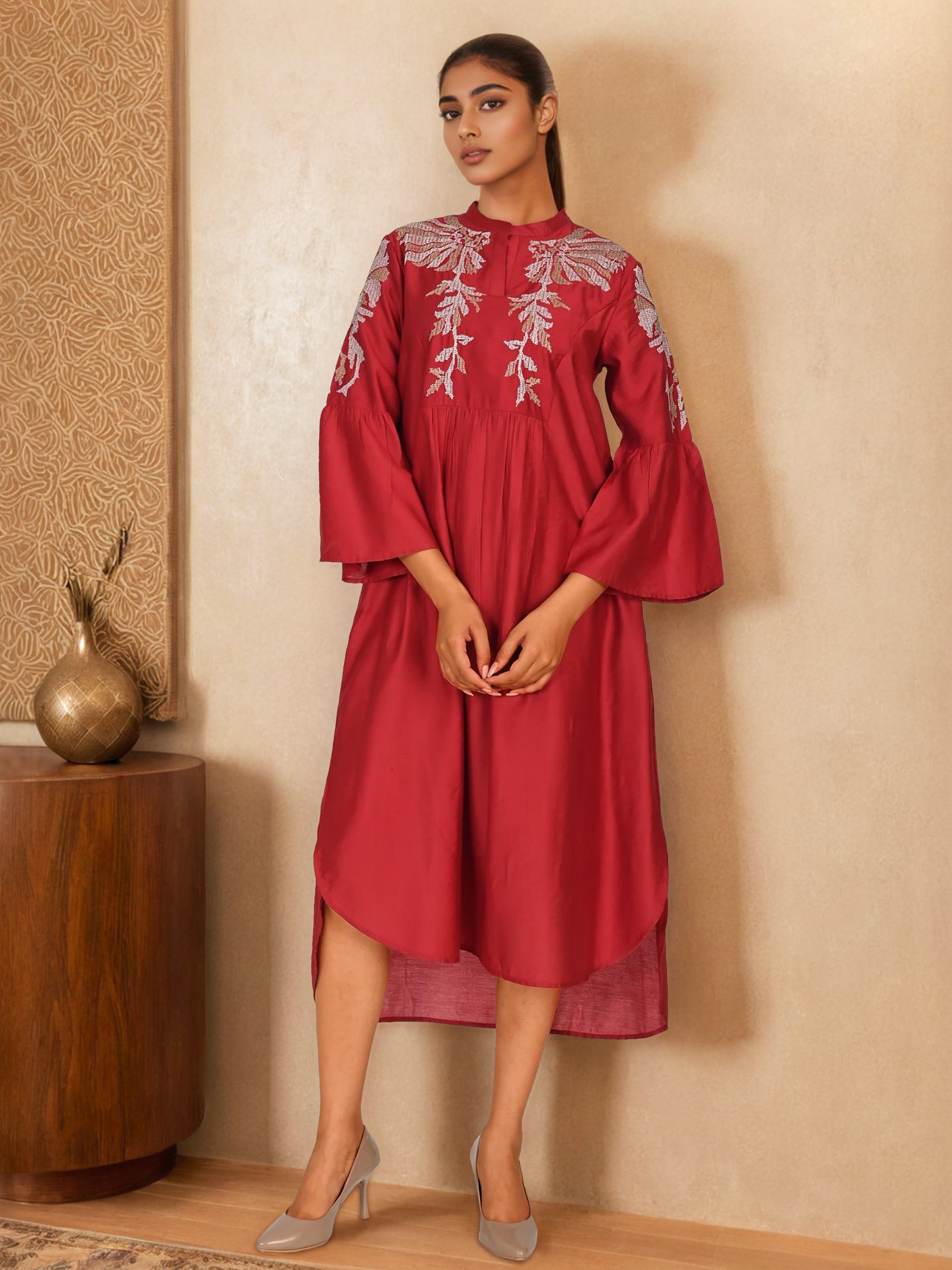 Maroon Elegance Satin Embroidered Long Dress