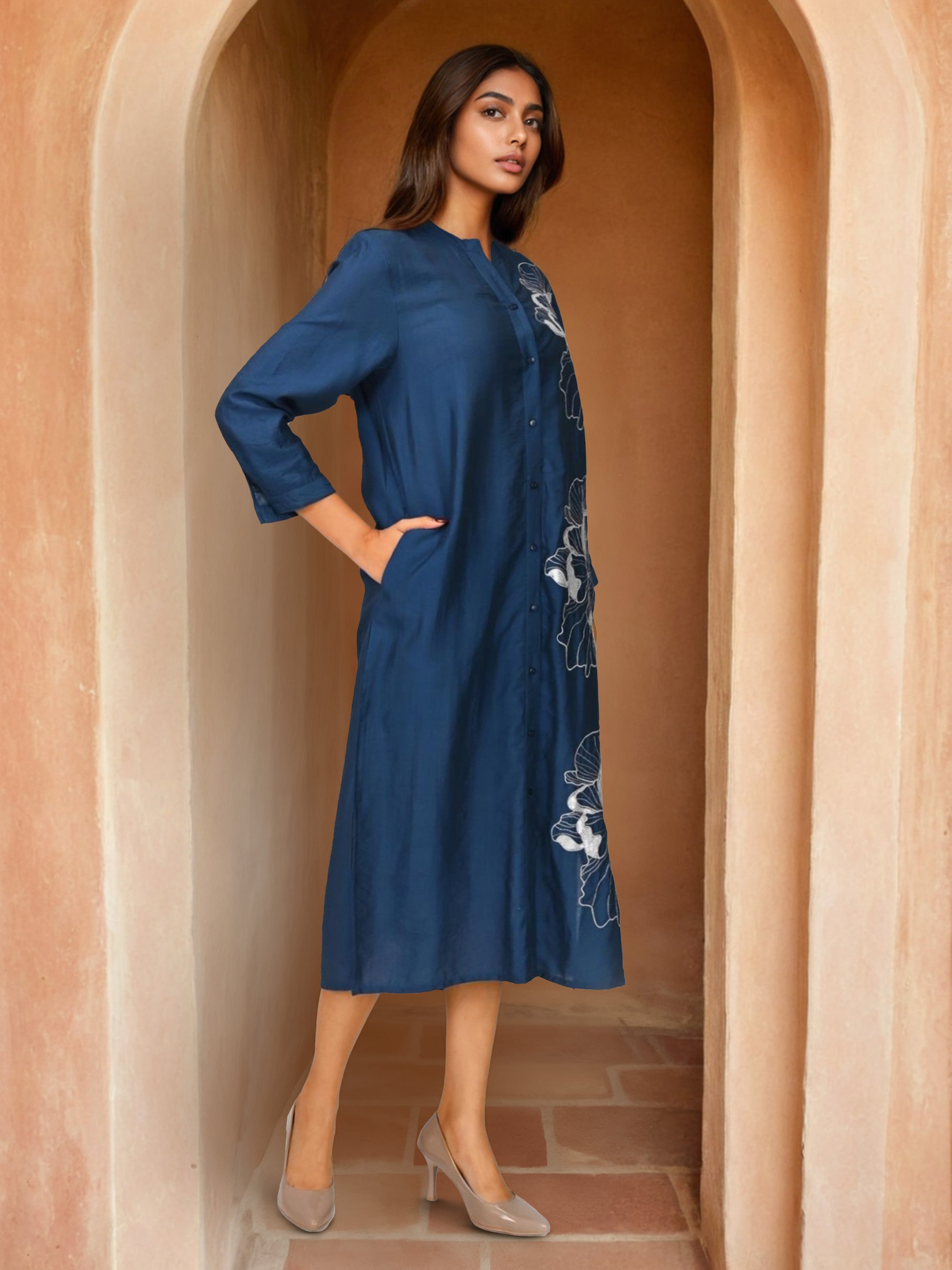 Navy Blue Long Shirt Style Dress with Embroidery