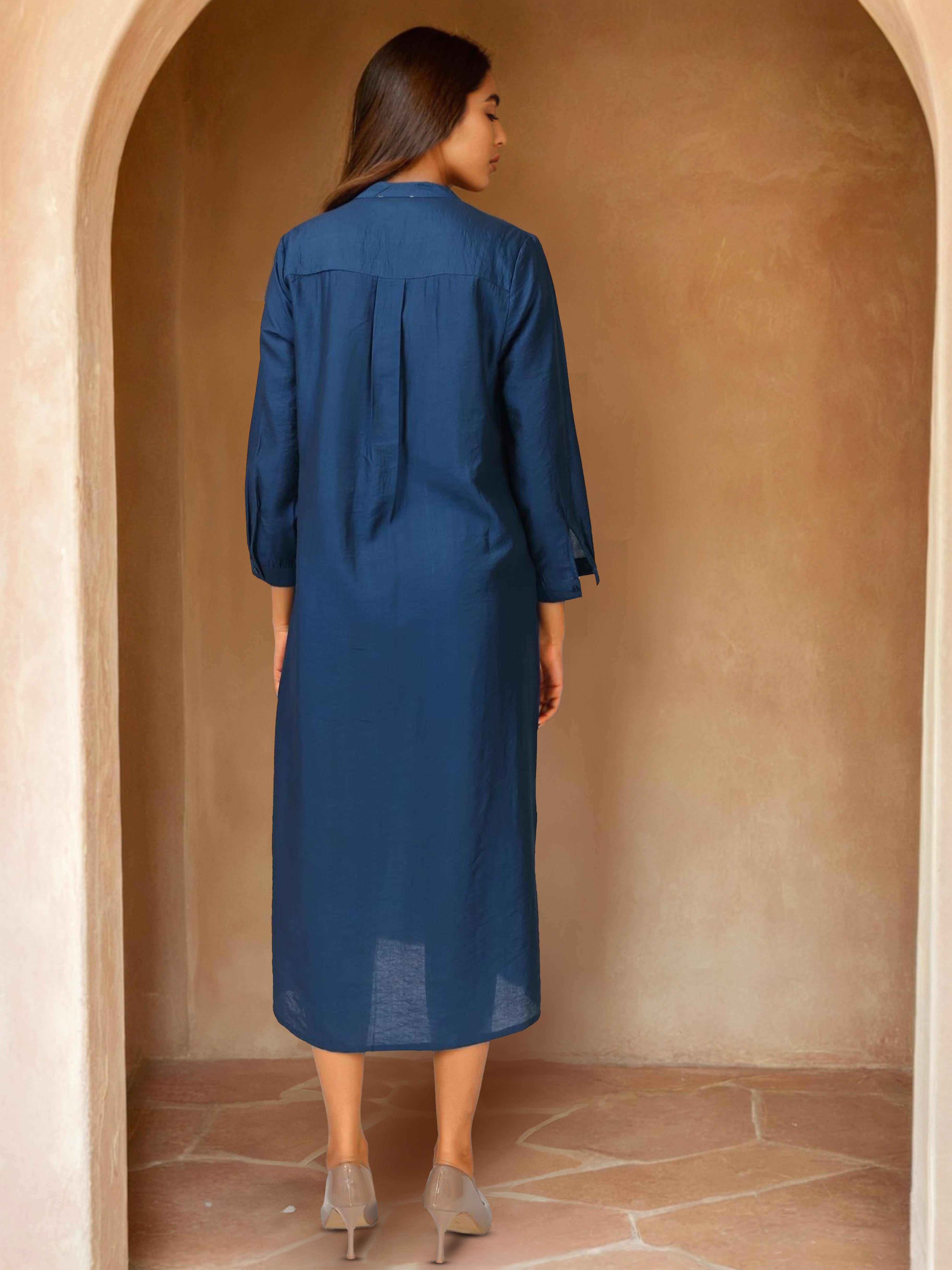 Navy Blue Long Shirt Style Dress with Embroidery