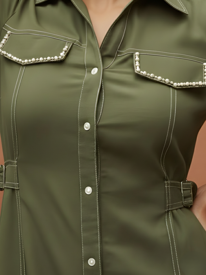 Olive Green Solid Denim Dress