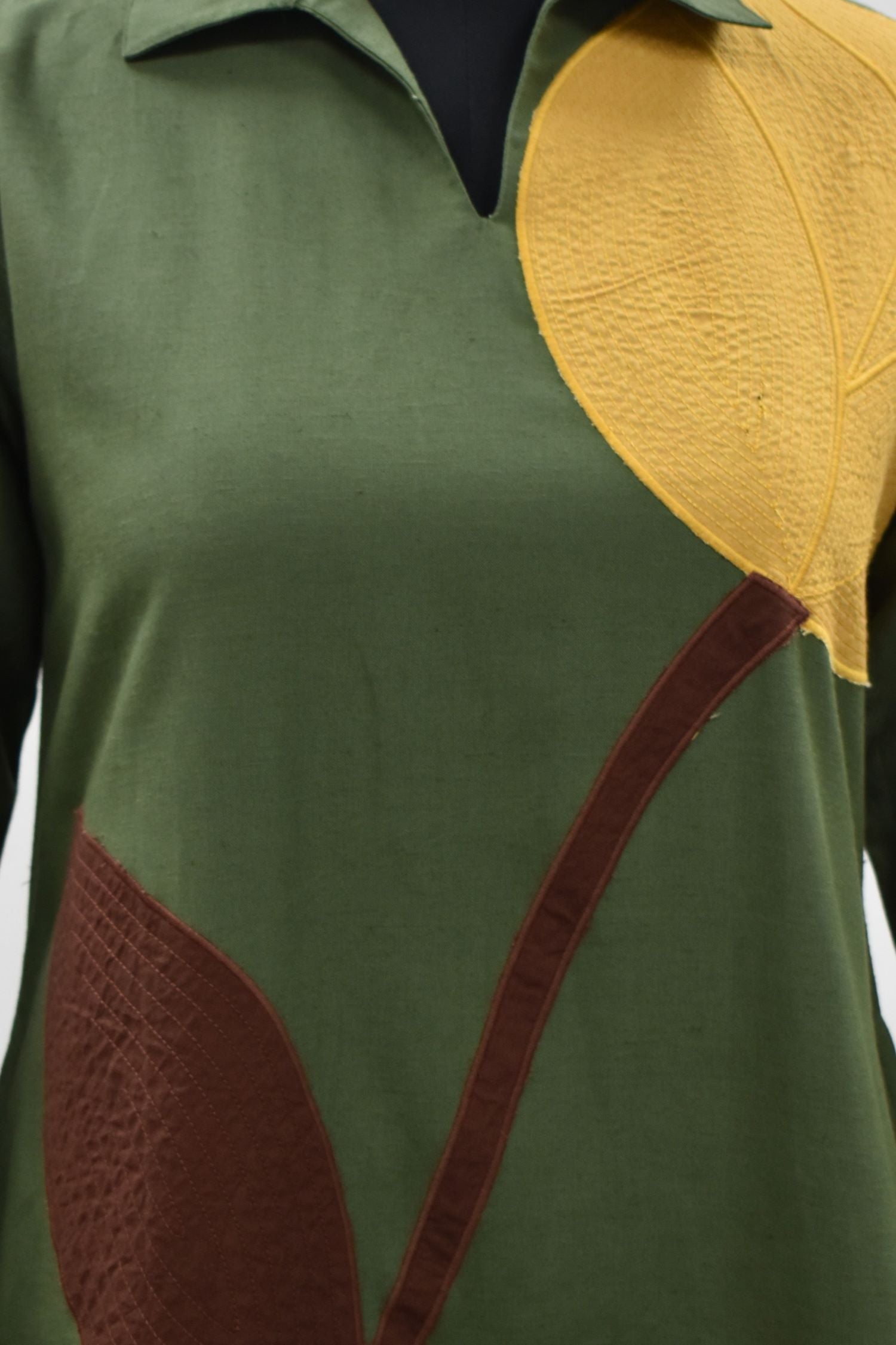 Regular Fit Leaf Green Collar Neck Dress.