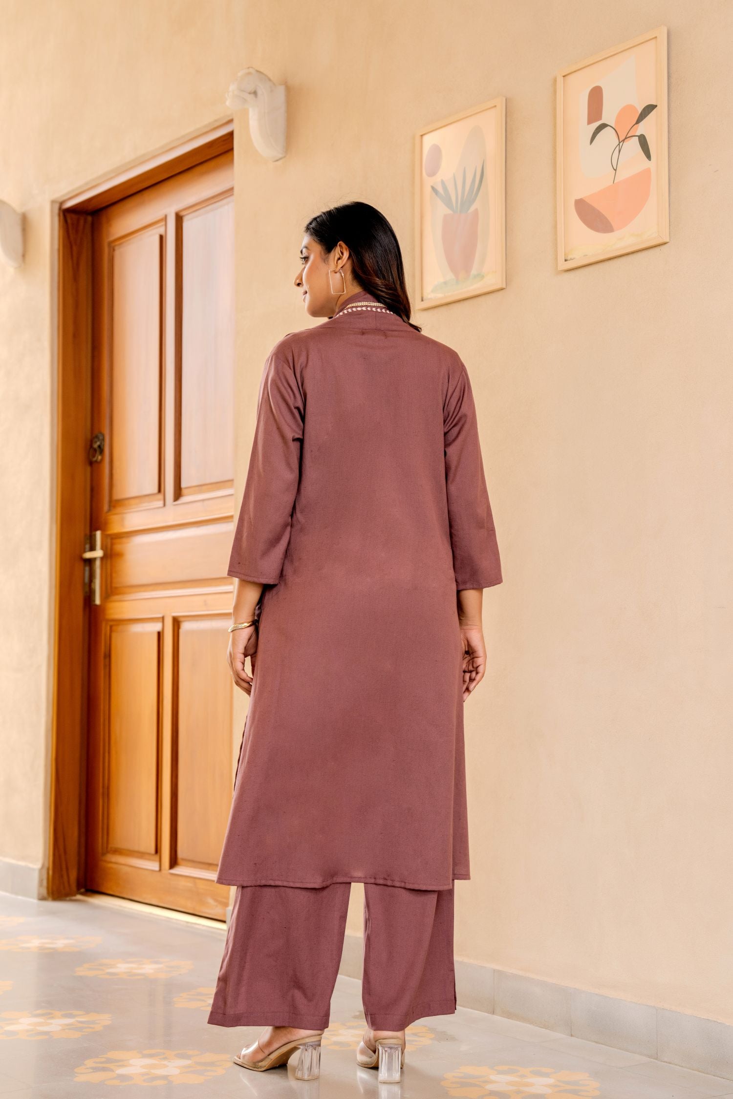 Mauve Solid Pure Cotton Straight Top Palazzo Set
