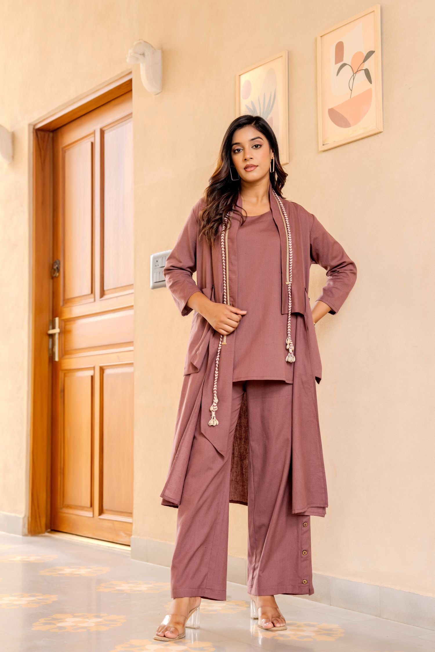 Mauve Solid Pure Cotton Straight Top Palazzo Set