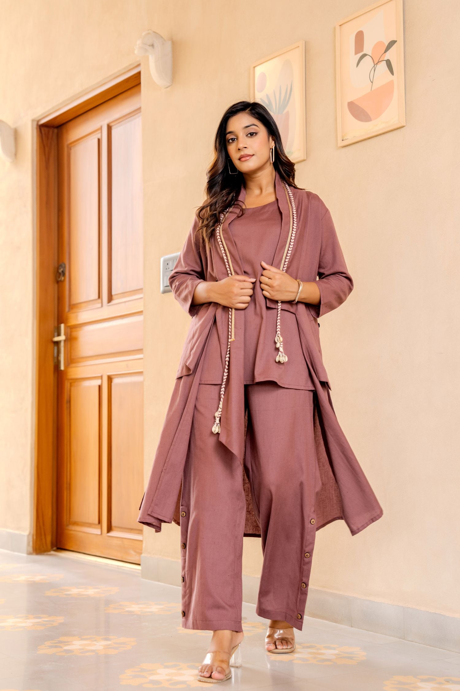 Mauve Solid Pure Cotton Straight Top Palazzo Set