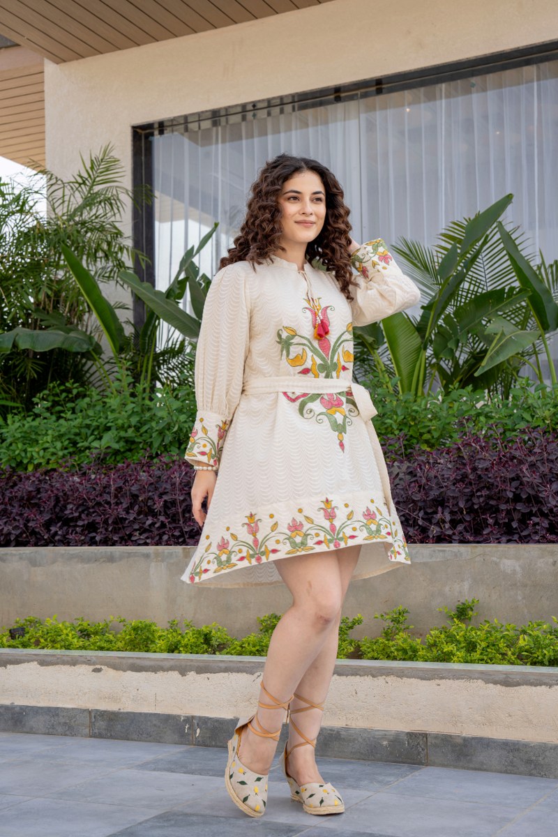 Off-White Tunic with Floral Handwork & Belt