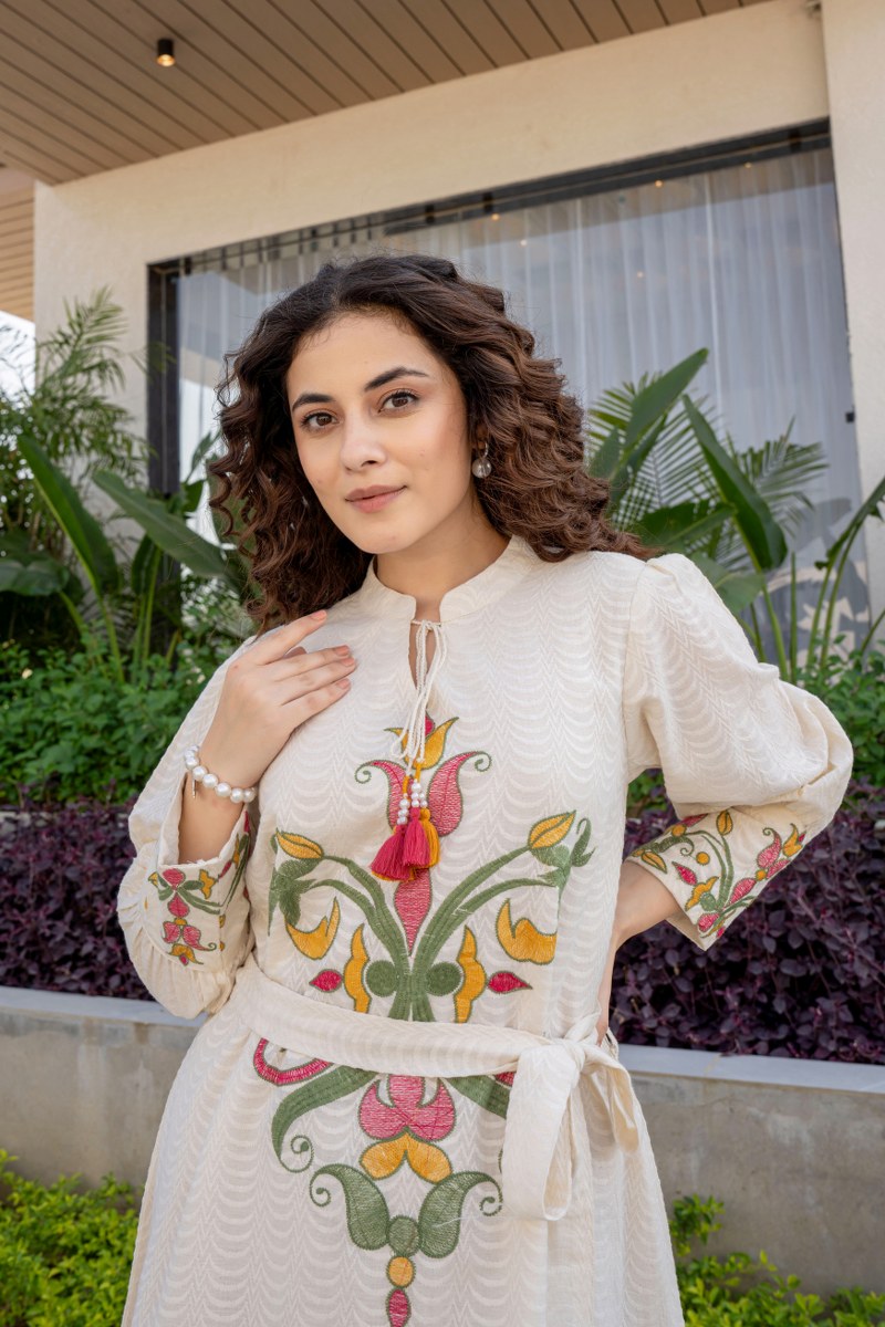 Off-White Tunic with Floral Handwork & Belt