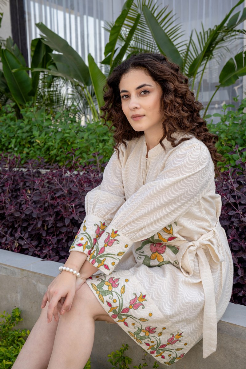 Off-White Tunic with Floral Handwork & Belt