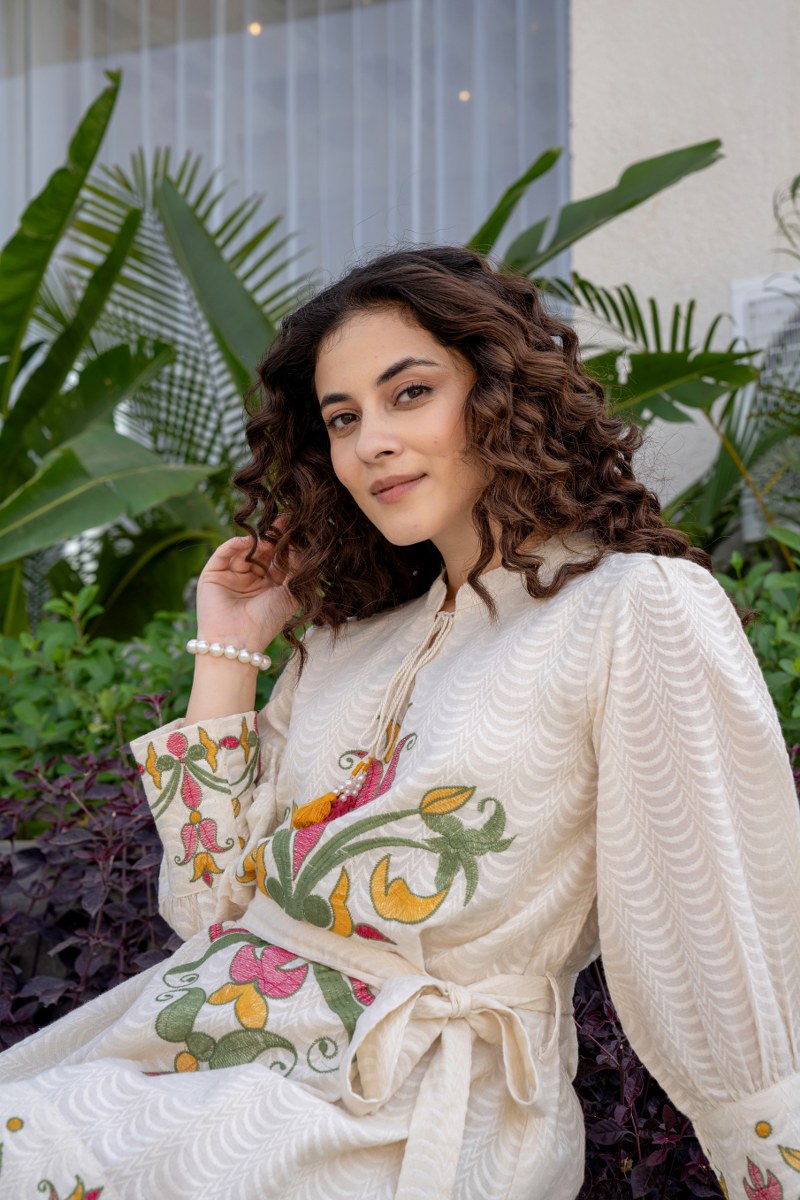 Off-White Tunic with Floral Handwork & Belt