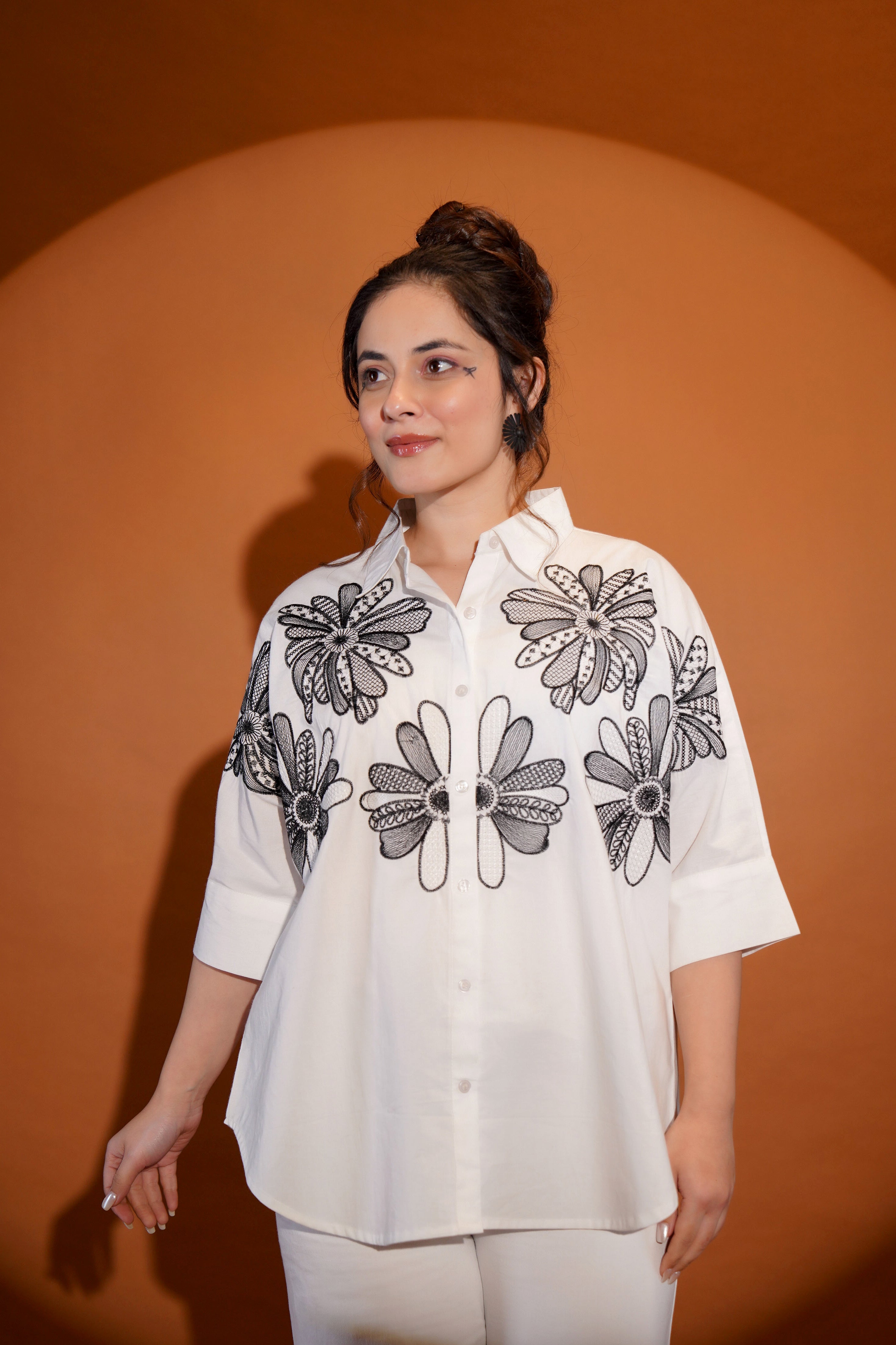 Black Threaded Florals on White Shirt