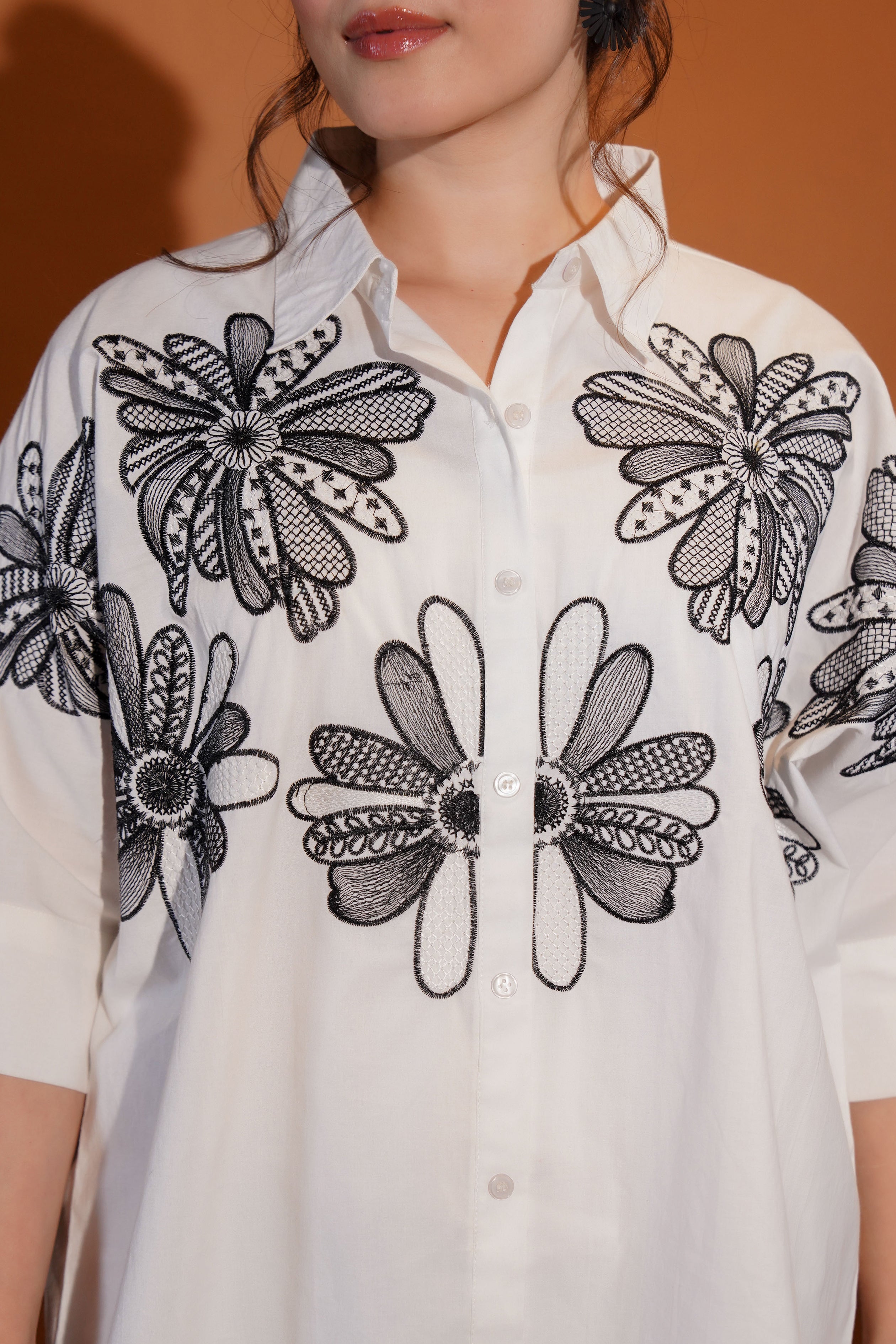 Black Threaded Florals on White Shirt
