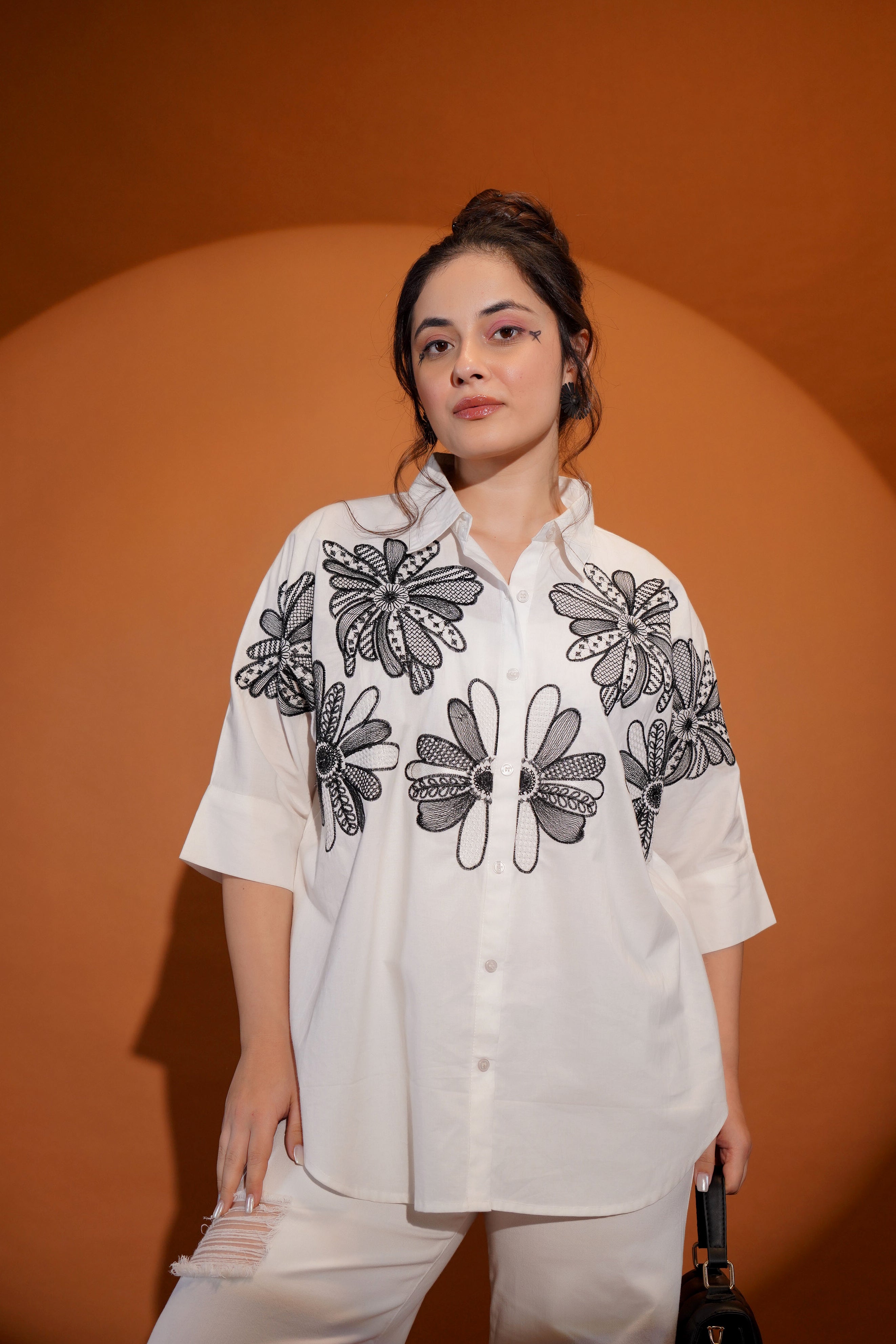 Black Threaded Florals on White Shirt