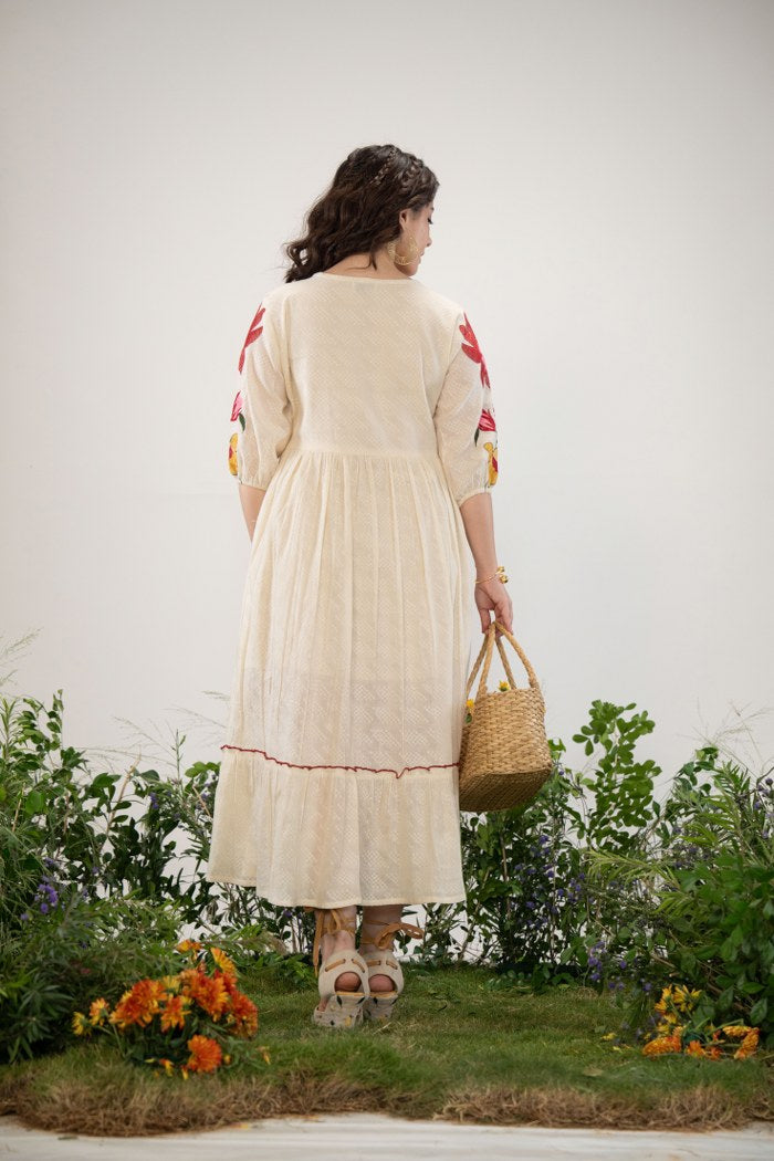 Off-White Long Dress with Handcrafted Floral Design