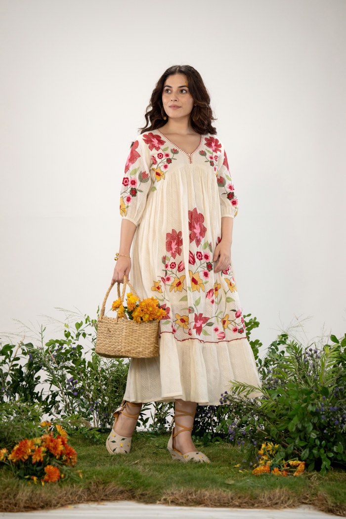 Off-White Long Dress with Handcrafted Floral Design