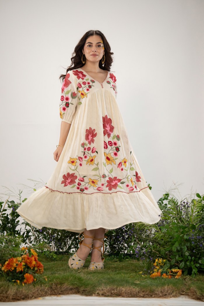 Off-White Long Dress with Handcrafted Floral Design
