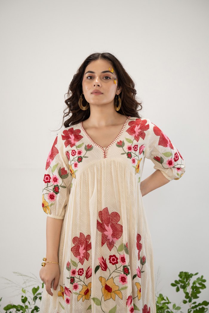 Off-White Long Dress with Handcrafted Floral Design