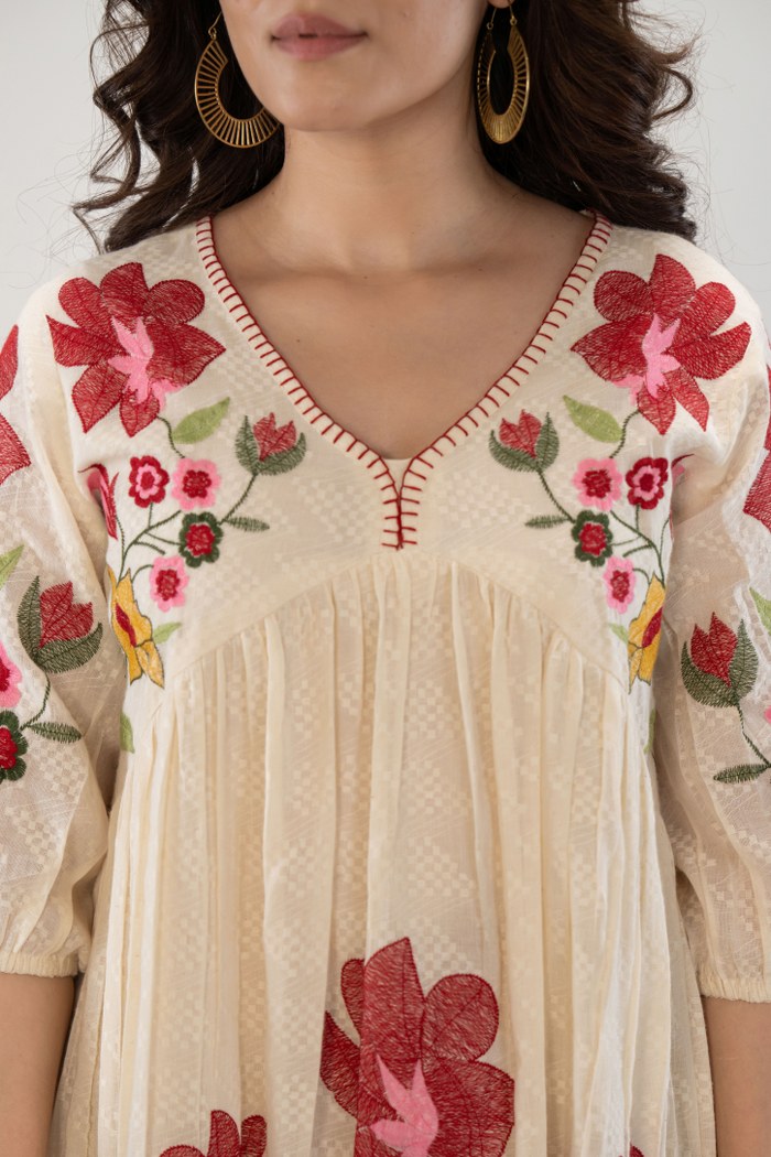 Off-White Long Dress with Handcrafted Floral Design