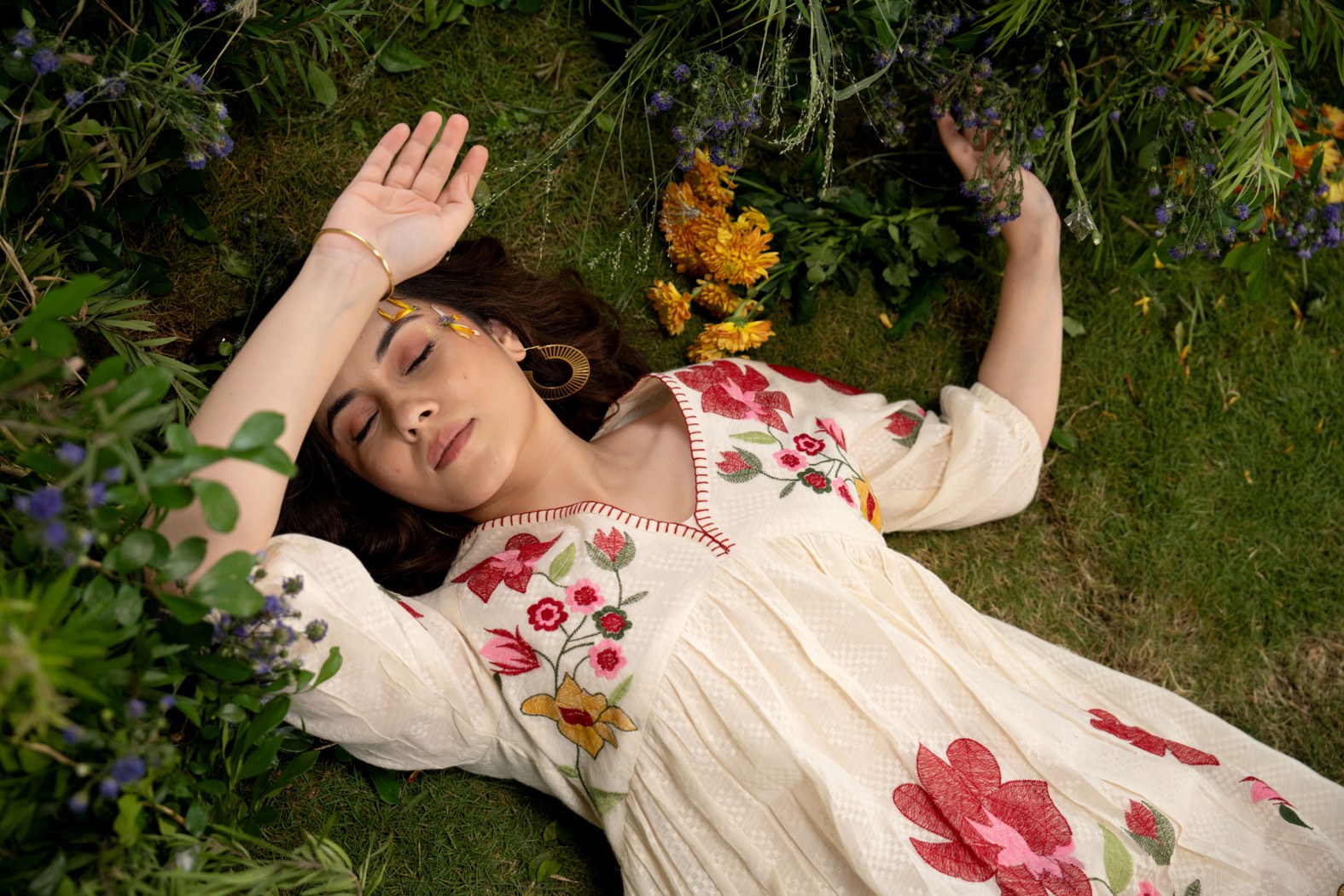 Off-White Long Dress with Handcrafted Floral Design