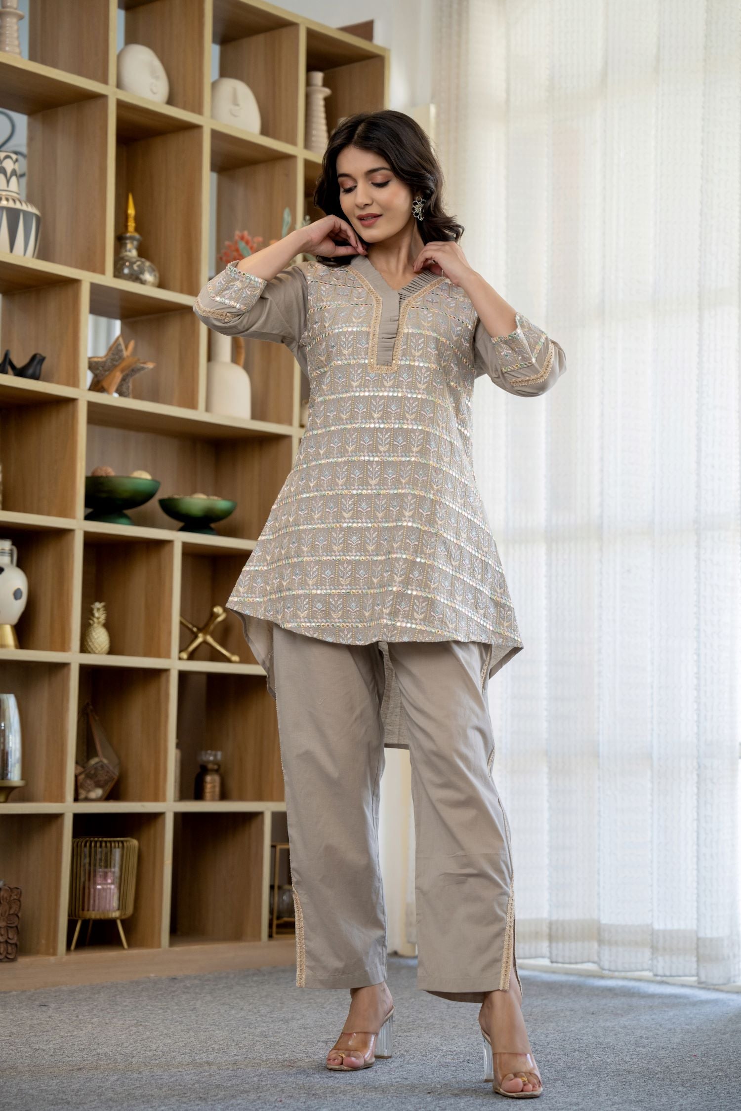 Grey Cord Set with Graceful Embroidery Work