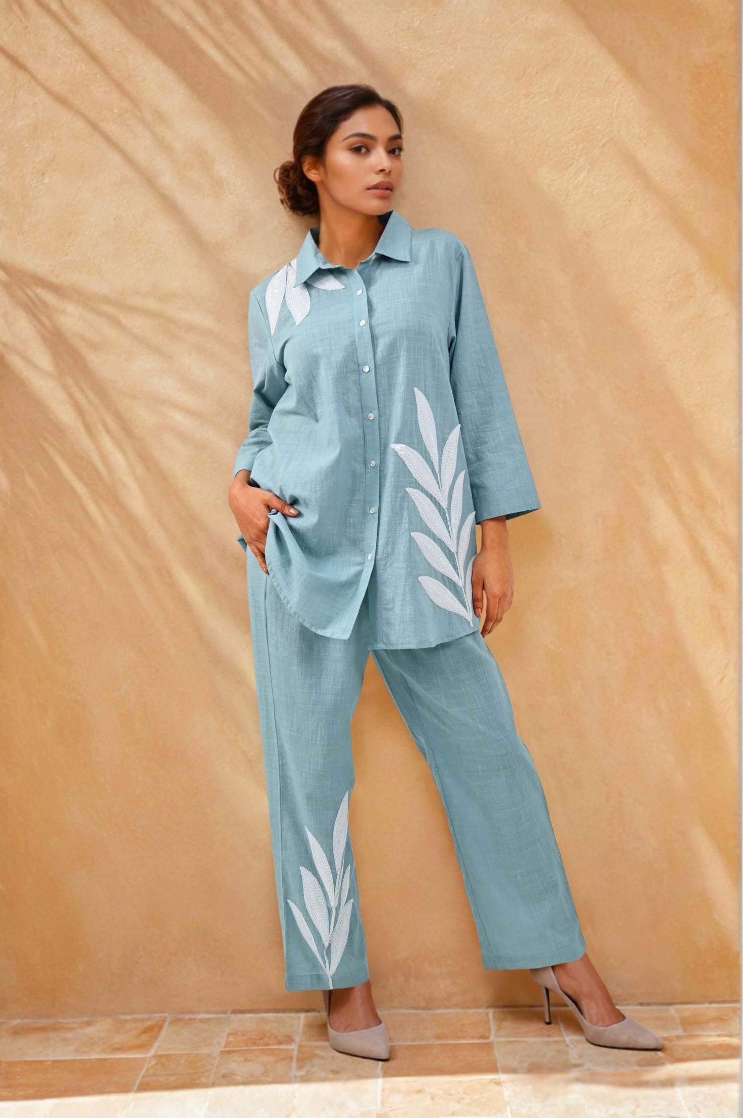 Blue Breeze White Leaf Embroidered Co-Ord Set