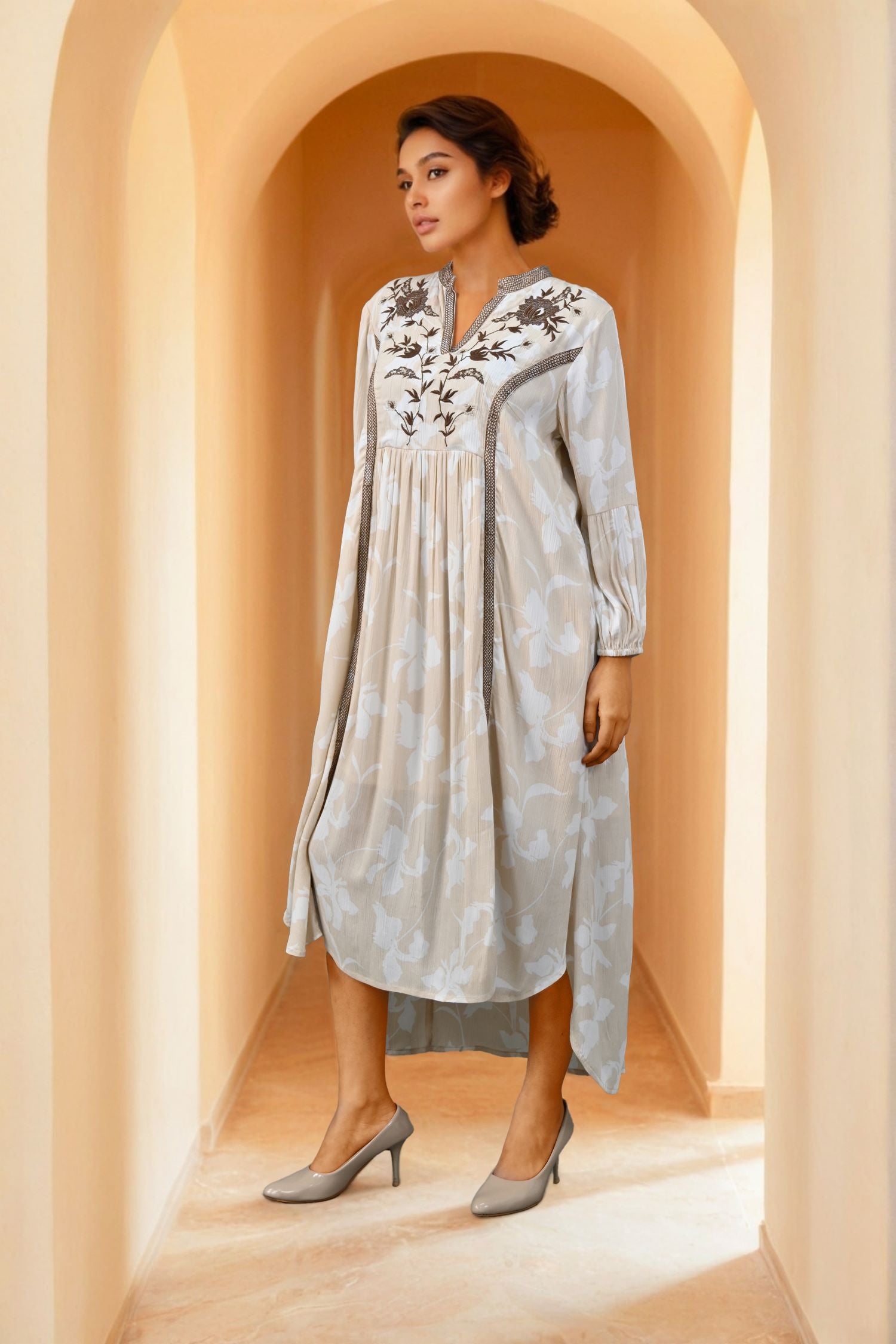 Beige Printed Long Dress