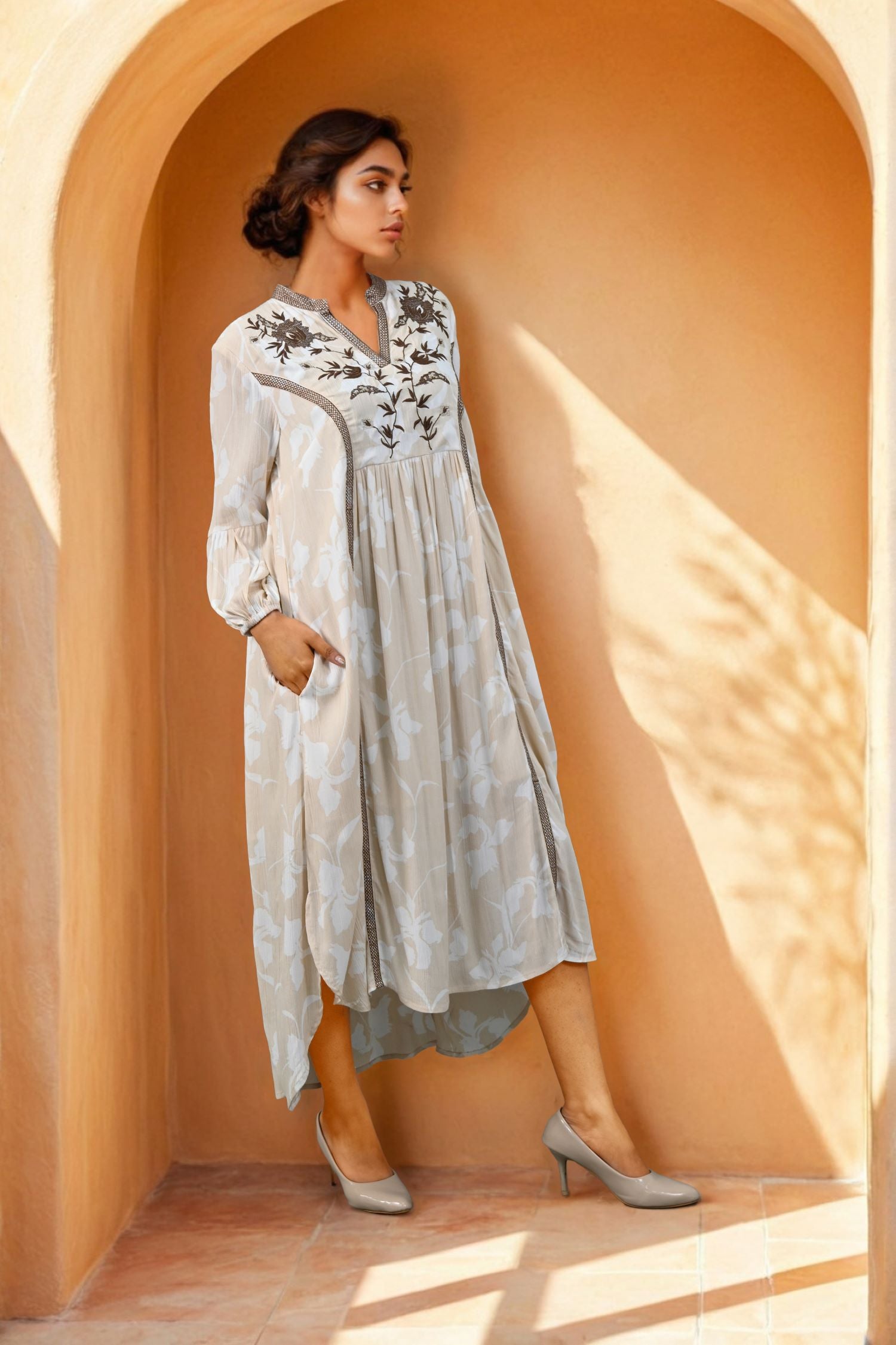 Beige Printed Long Dress