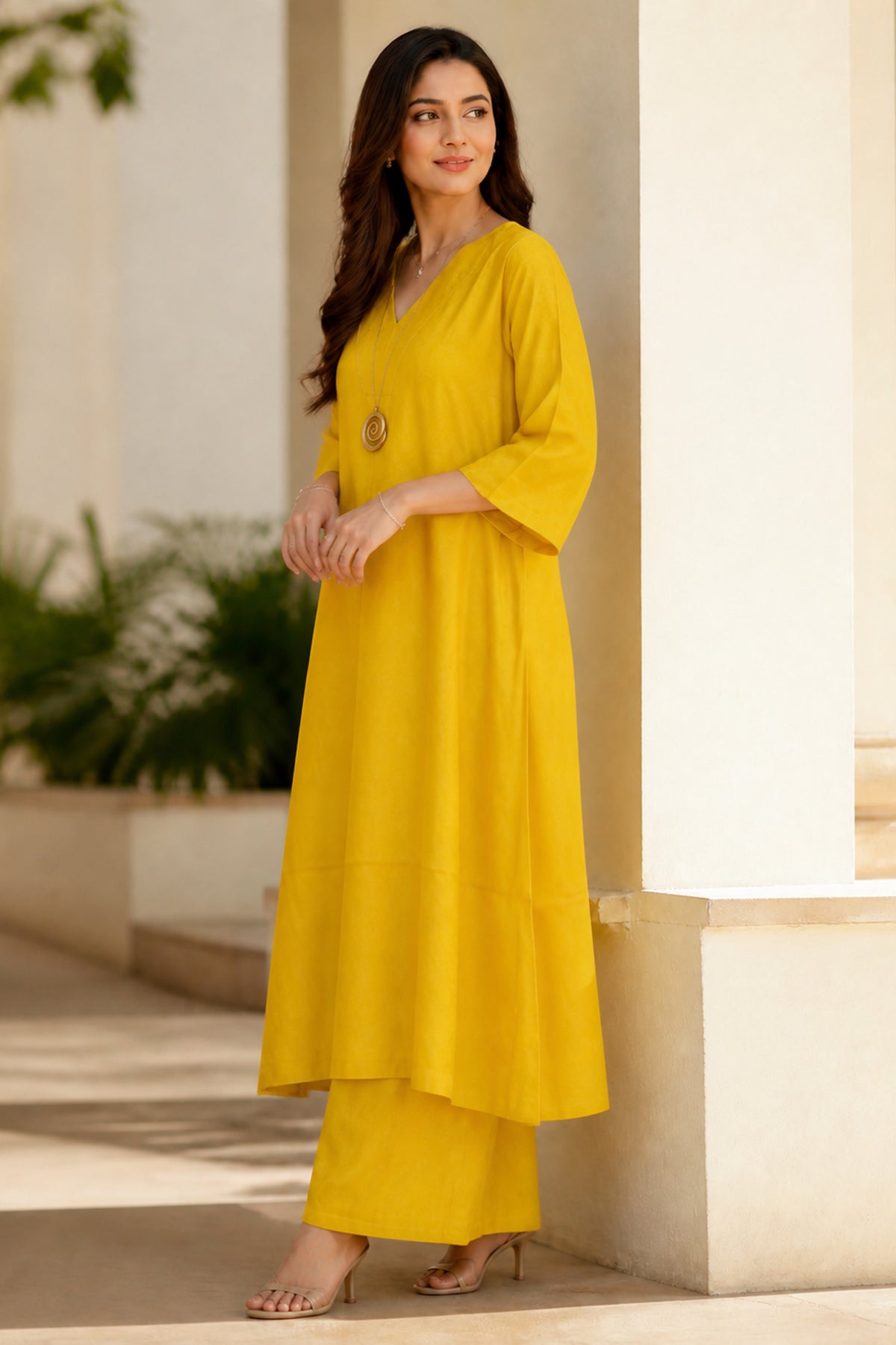 Yellow Solid Plain Aline Kurta Coord Set