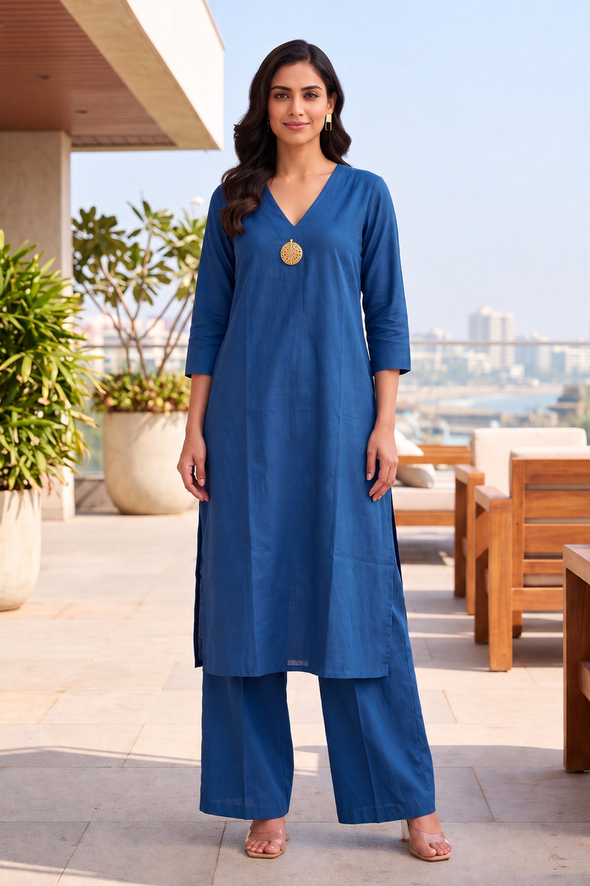 Solid Royal Blue V Neck Coord Sets