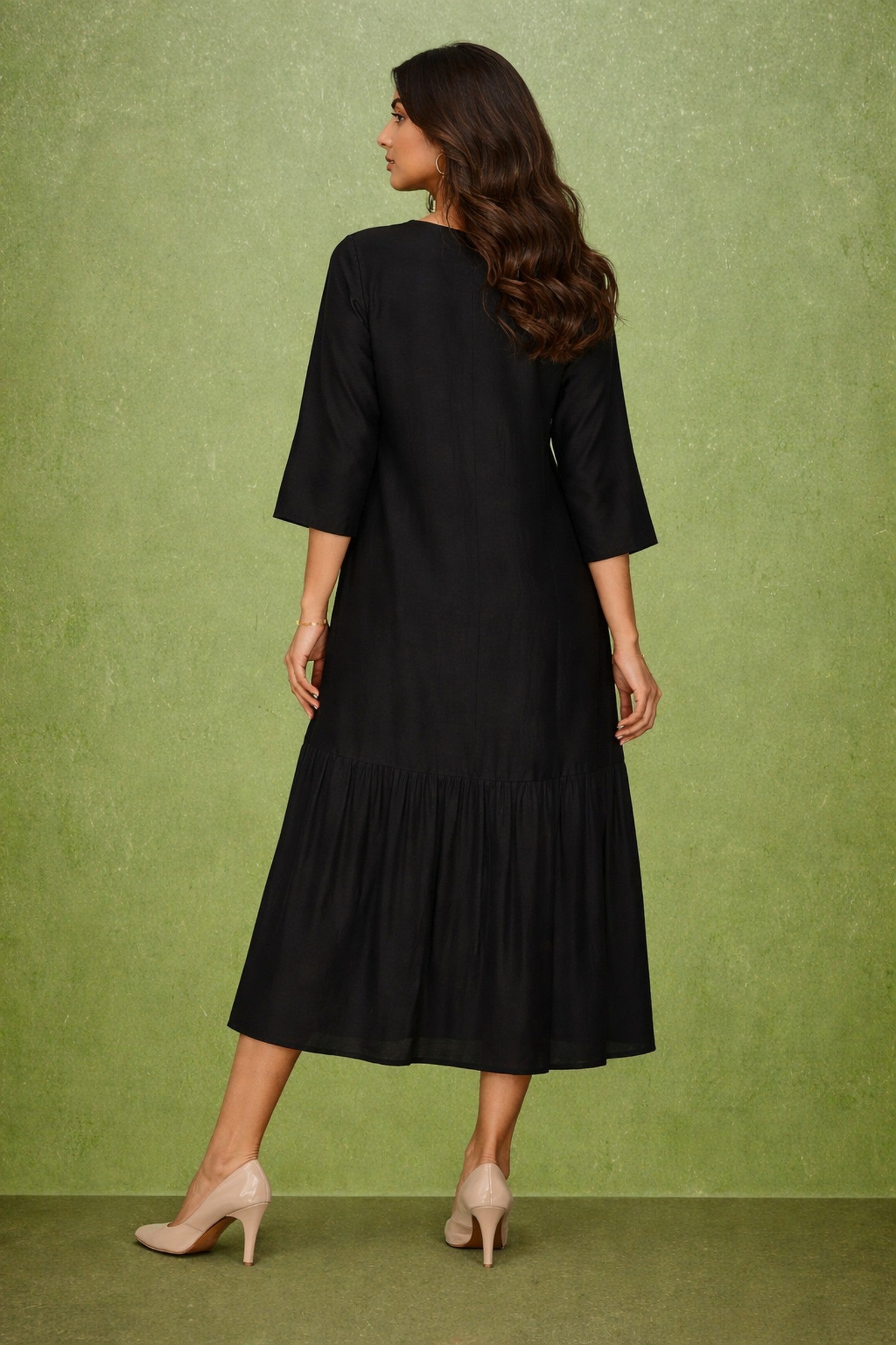 Black Satin Dress with Golden Floral Shoulder Embroidery