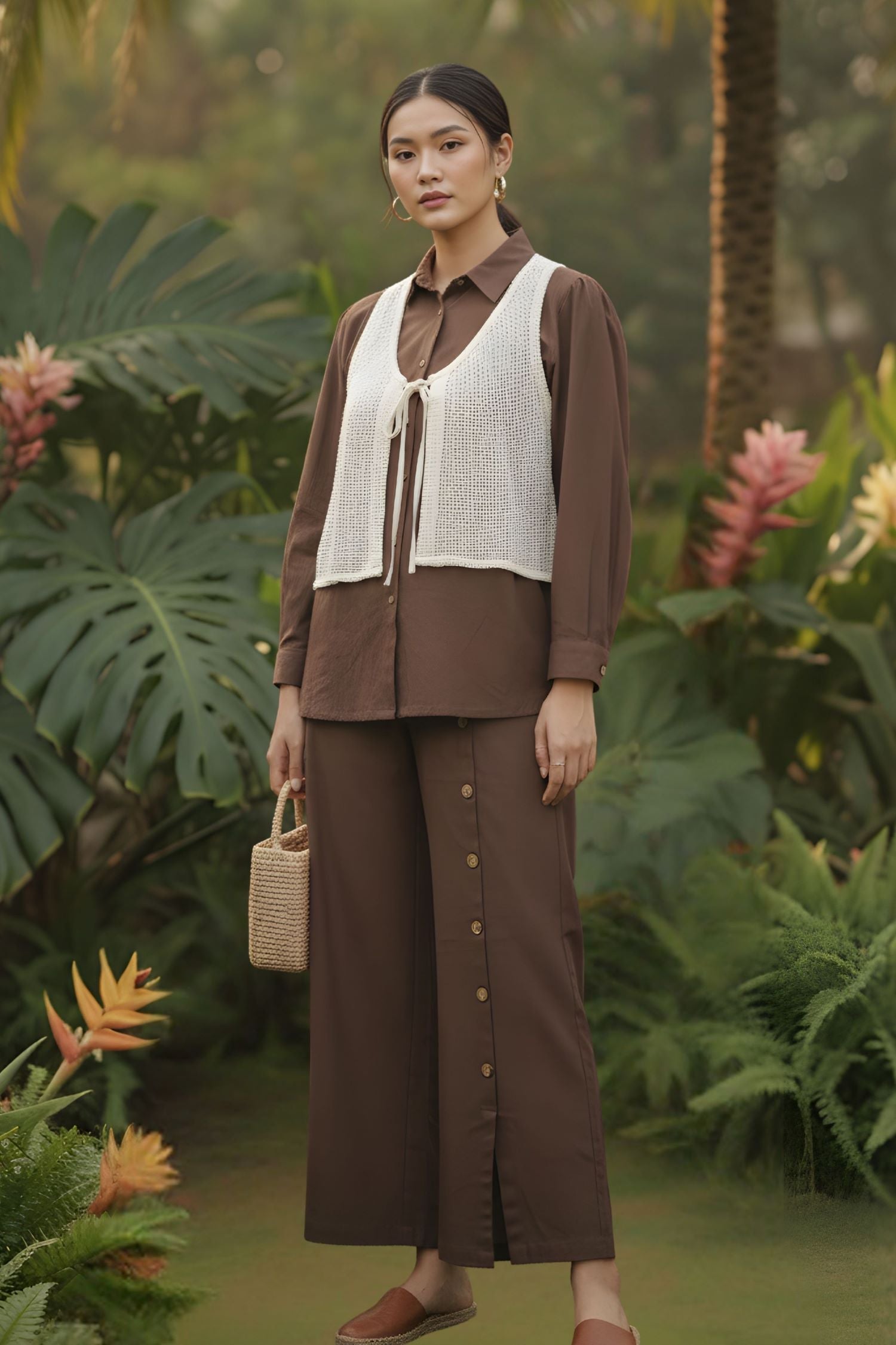 Relaxed Cord Set: Coffee Brown Shirt, Knitted Shrug & Wide Relaxed Bottom.