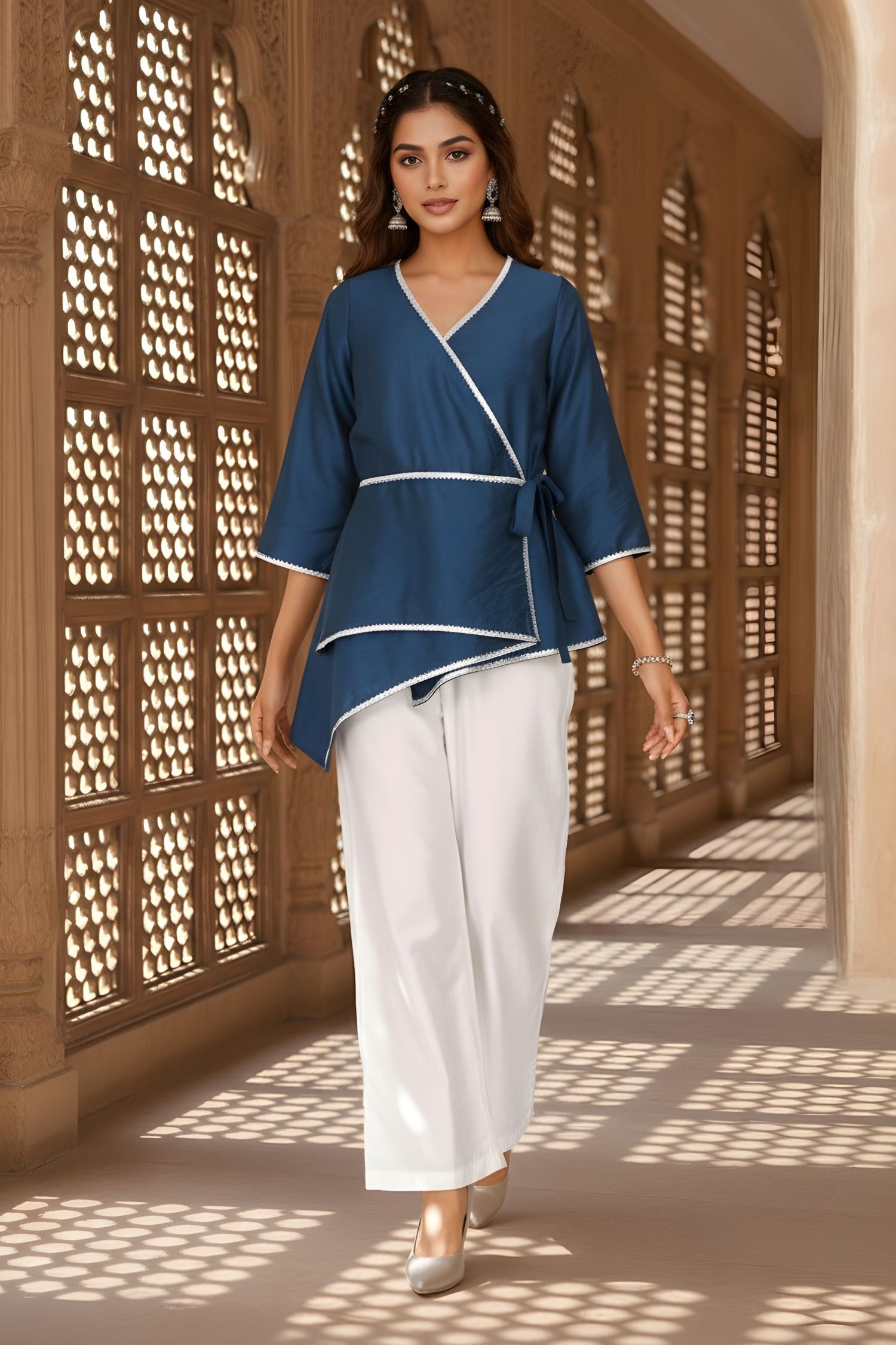 Blue Wrap-Style Asymmetric Top