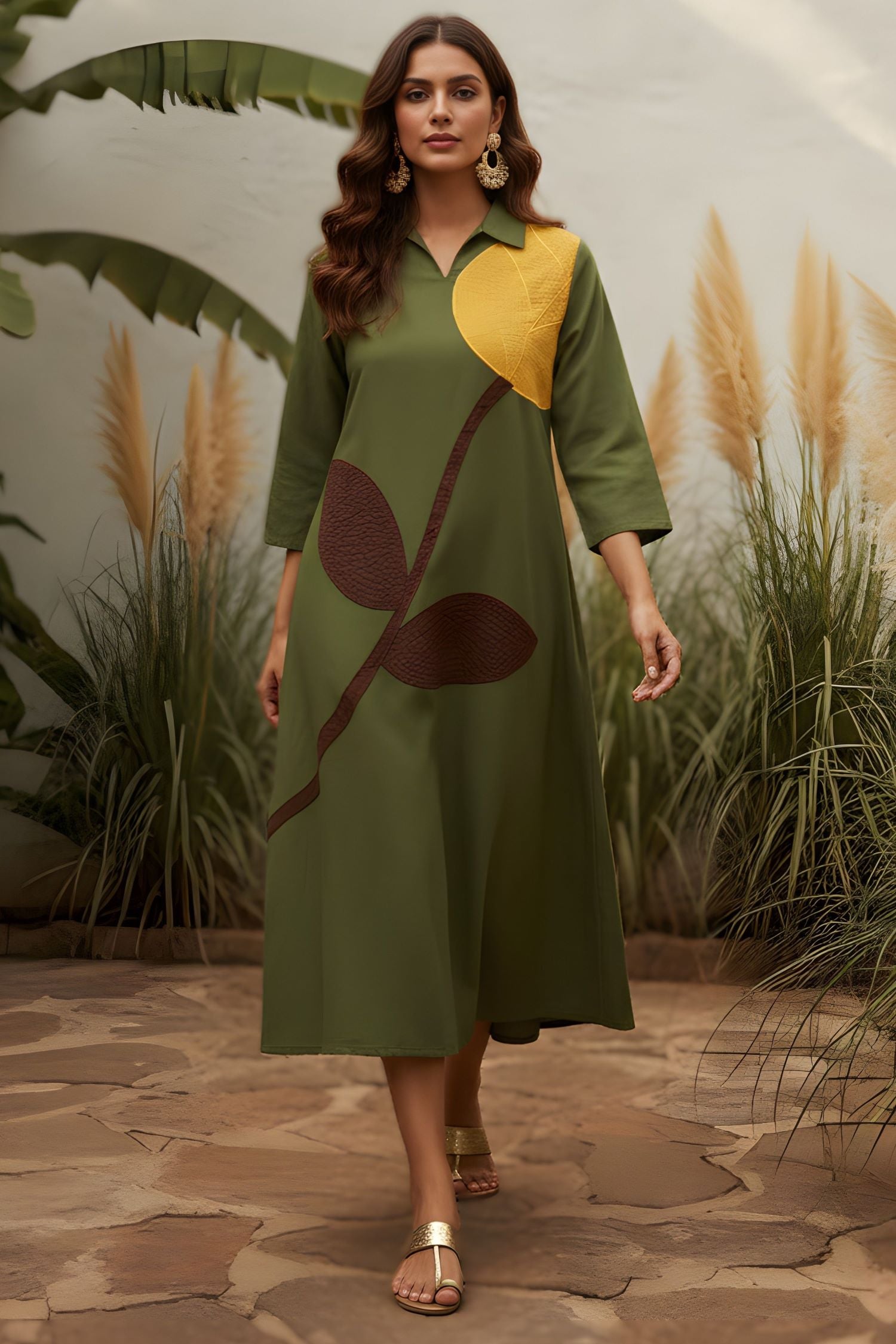 Regular Fit Leaf Green Collar Neck Dress.