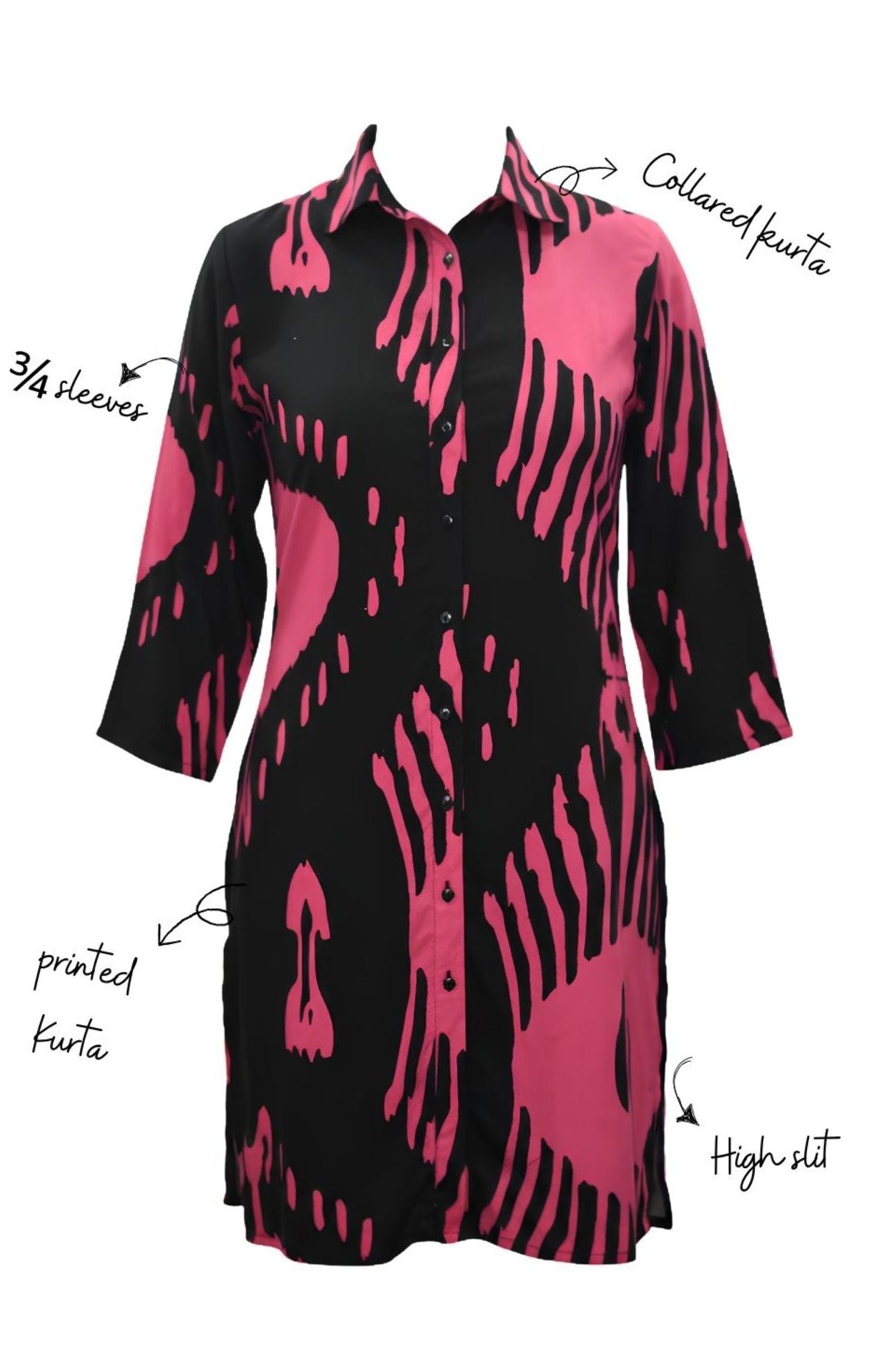 Abstract Printed Pink Black Shirt Midi Dress