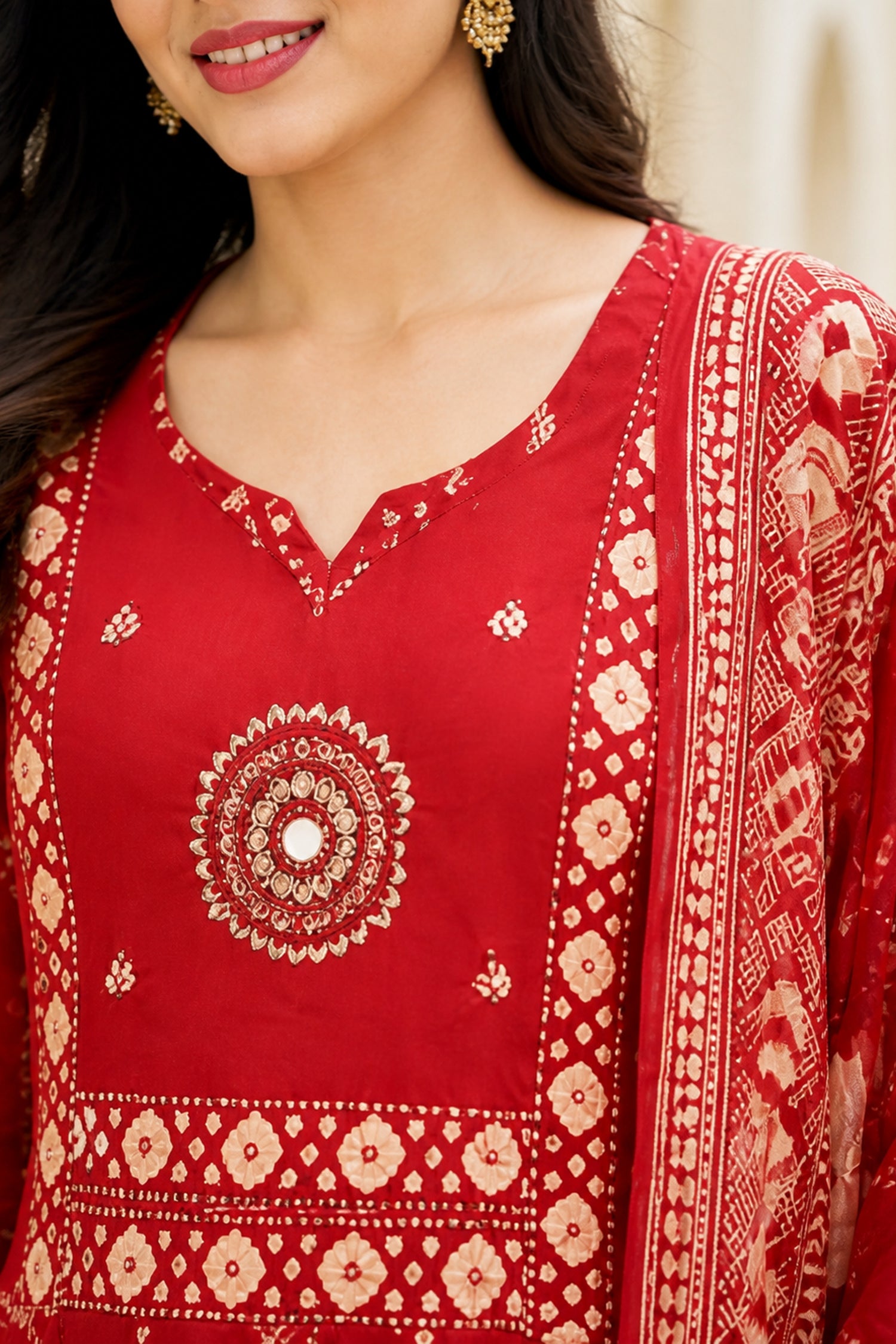 Red Cotton Bandhani Printed Anarkali Kurta Set with Dupatta