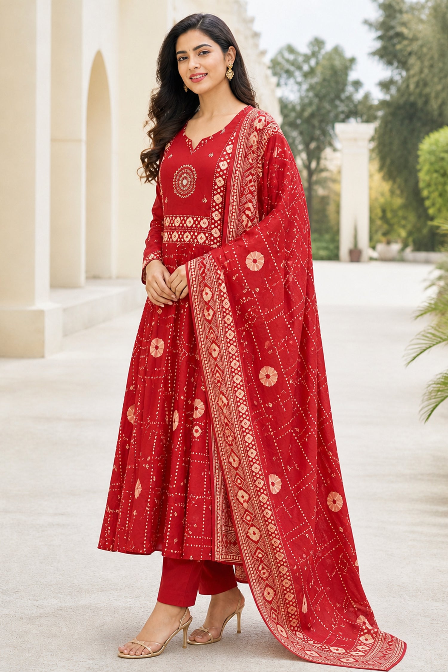 Red Cotton Bandhani Printed Anarkali Kurta Set with Dupatta