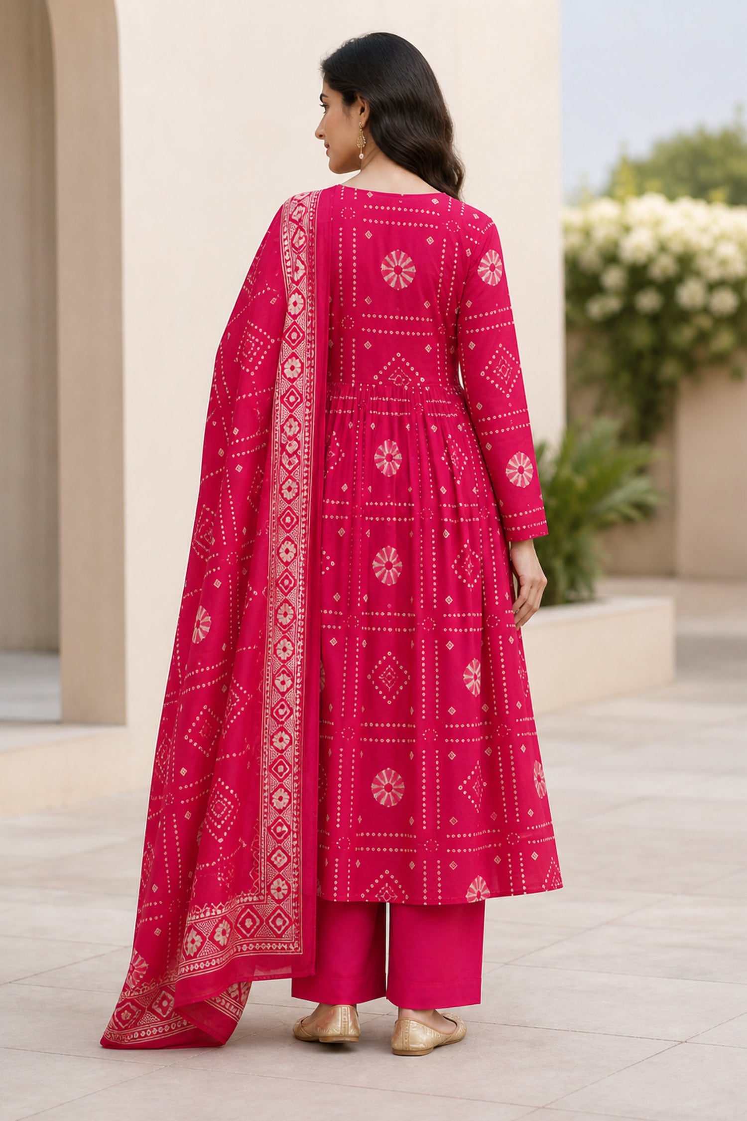 Red Cotton Bandhani Printed Anarkali Kurta Set with Dupatta
