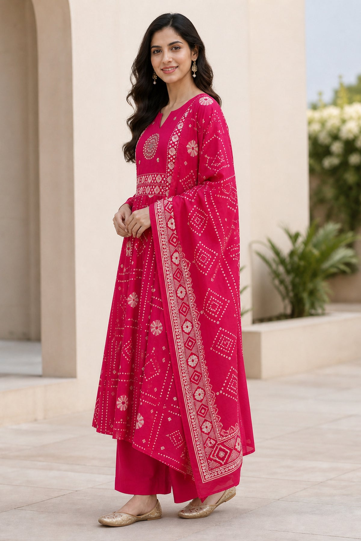 Red Cotton Bandhani Printed Anarkali Kurta Set with Dupatta