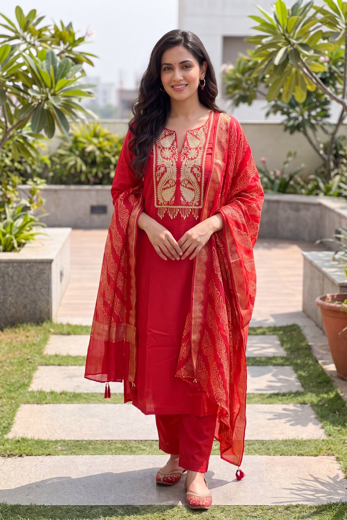 Rust Zari Embroidered Three Piece Suit
