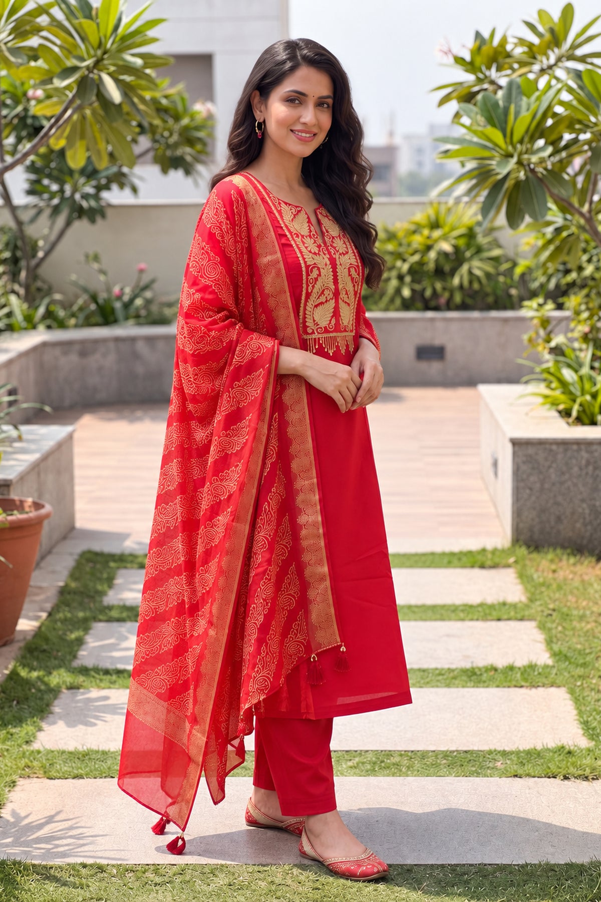 Rust Zari Embroidered Three Piece Suit