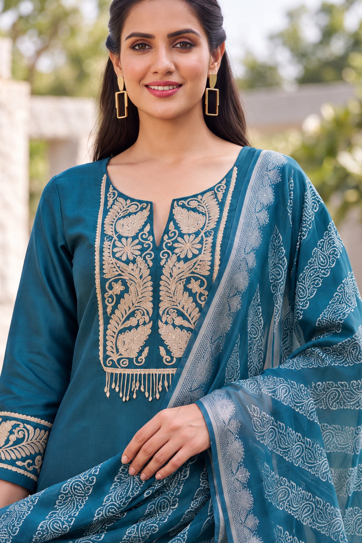 Teal Blue Zari Emroidered Three Piece Suit