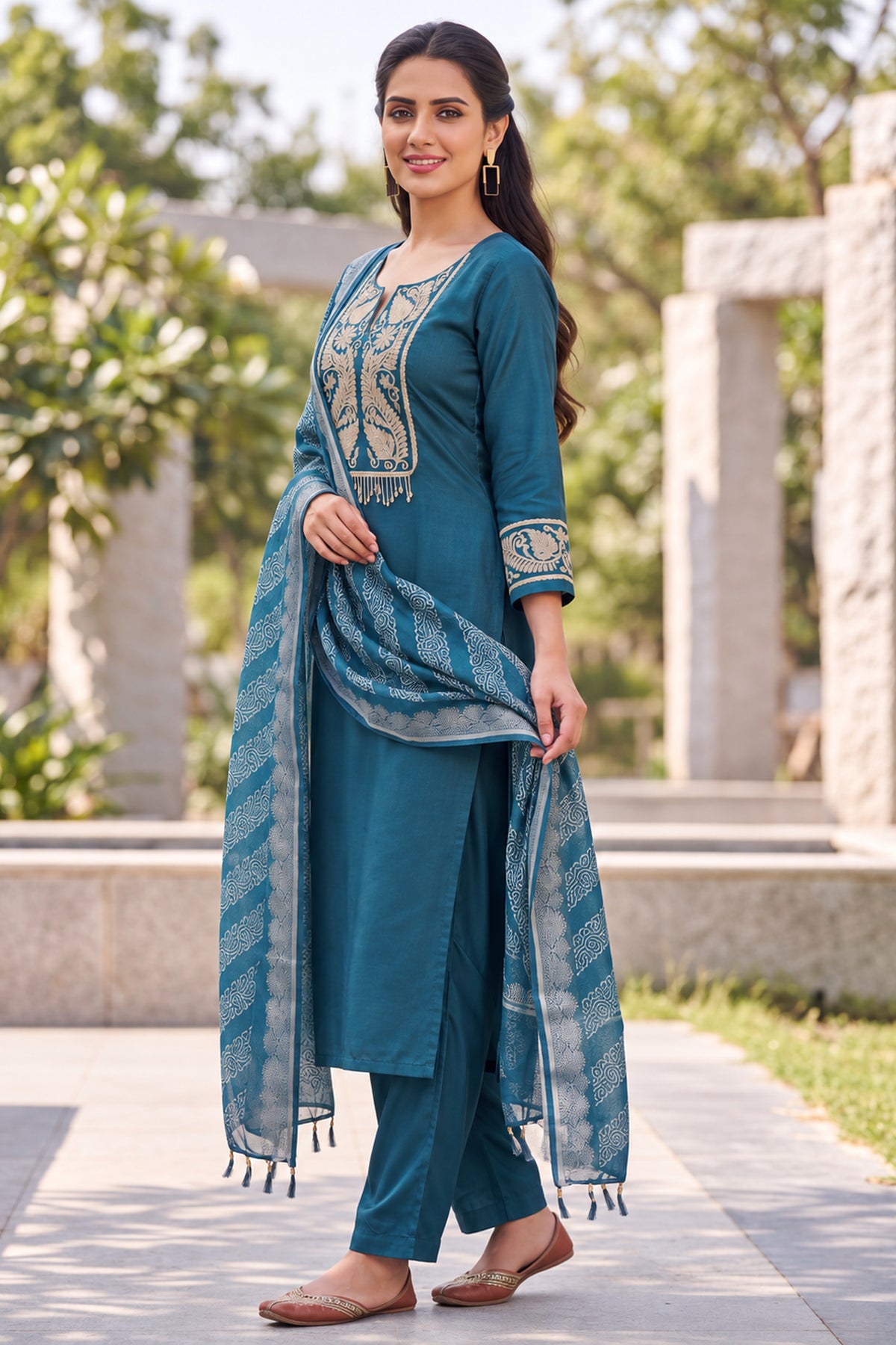 Teal Blue Zari Emroidered Three Piece Suit
