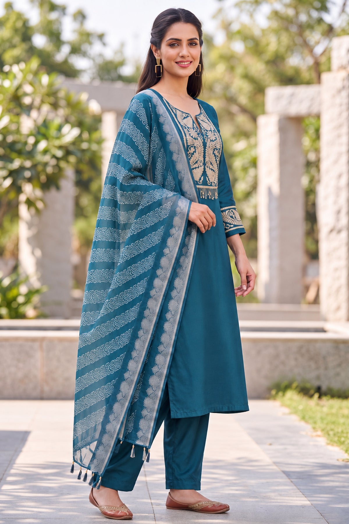 Teal Blue Zari Emroidered Three Piece Suit