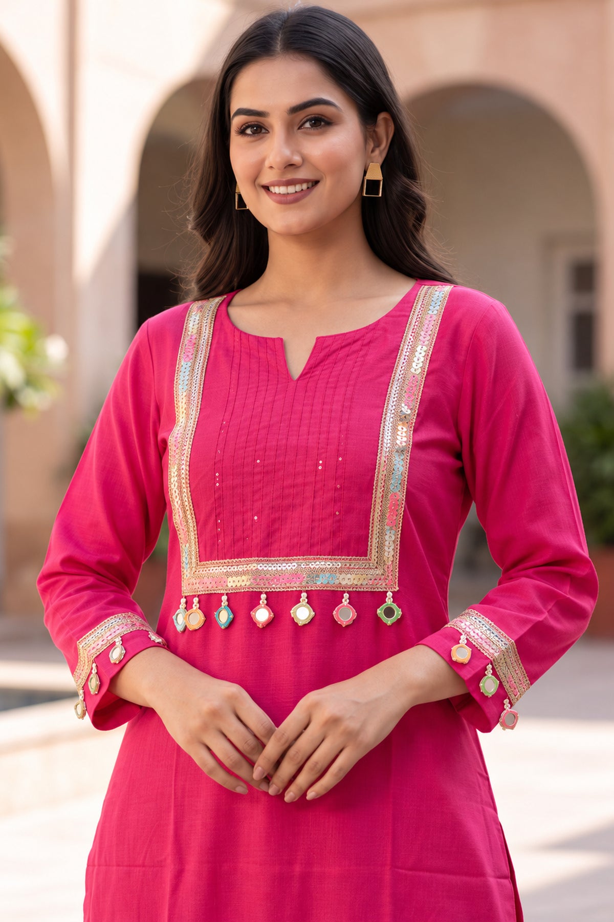 Pink Cotton Embroidered Straight Coord Sets