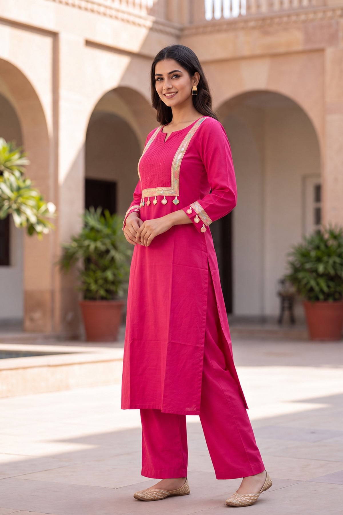 Pink Cotton Embroidered Straight Coord Sets