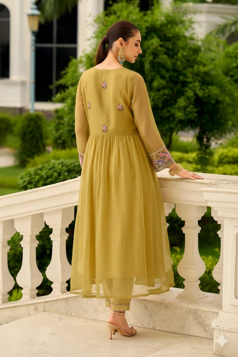 Elegant Mustard Cord Set With Full Sleeve Lace Detailing