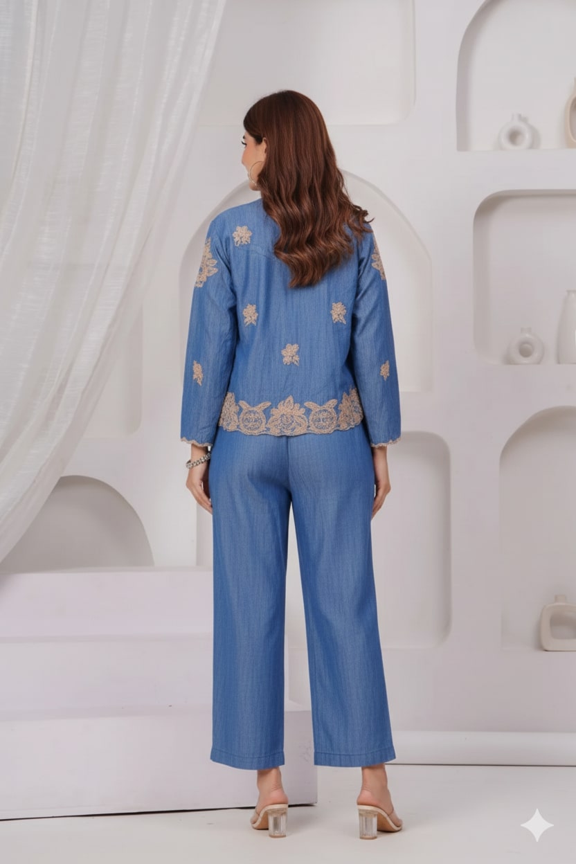 Embroidered Serenity Blue Cord Set with Jacket