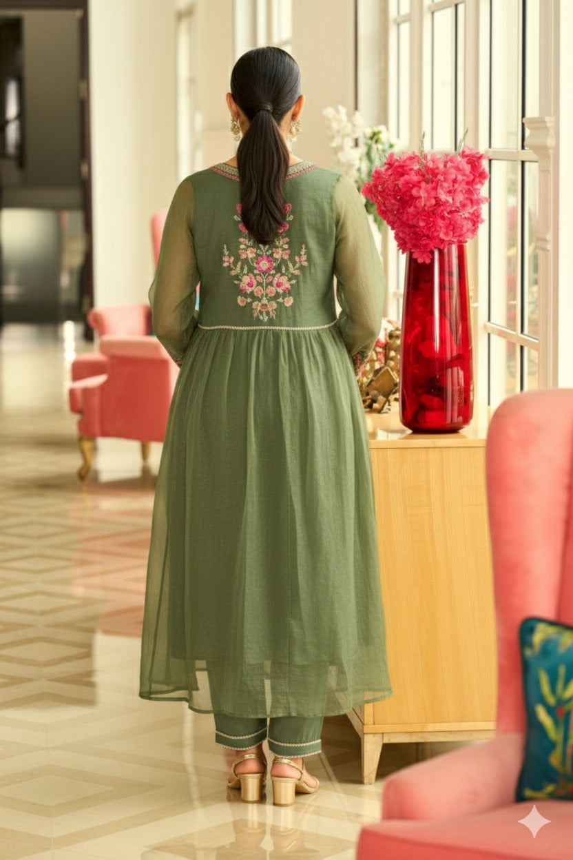 Green Cord Set With Embroidered Kurta & Lace Detailing on Sleeves