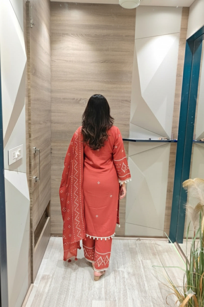Red Three-Piece Suit with Dupatta and Delicate Kodiya on Sleeves